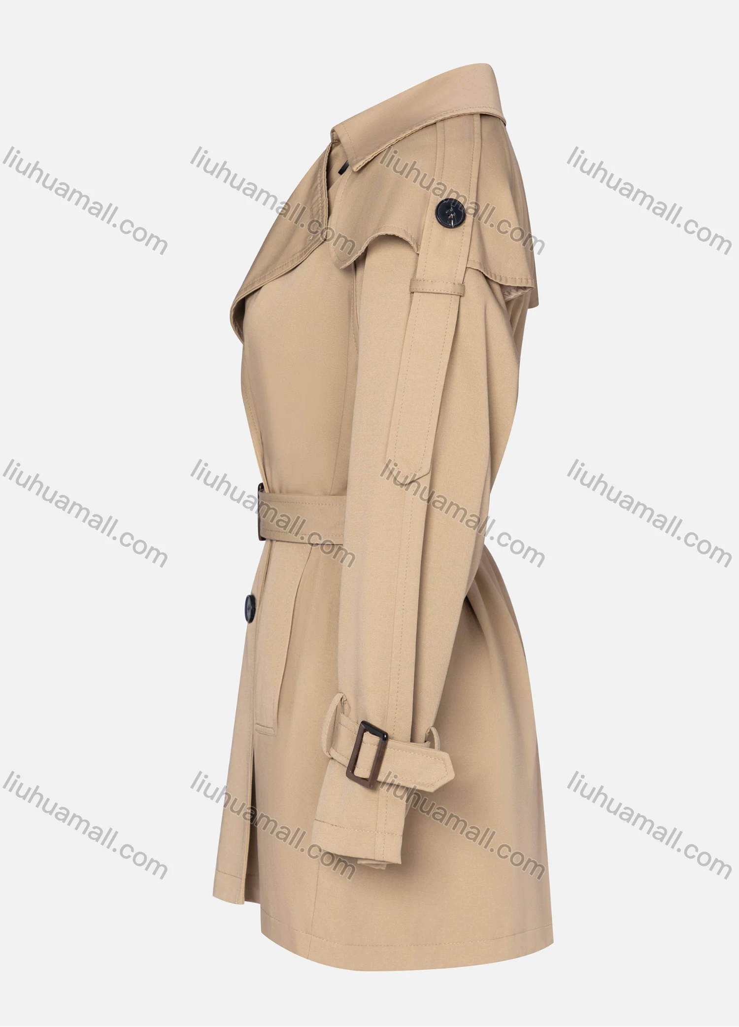 Wholesale Women's Casual Plain Lapel Long Sleeve Double Breasted Trench Coat With Belt - Liuhuamall