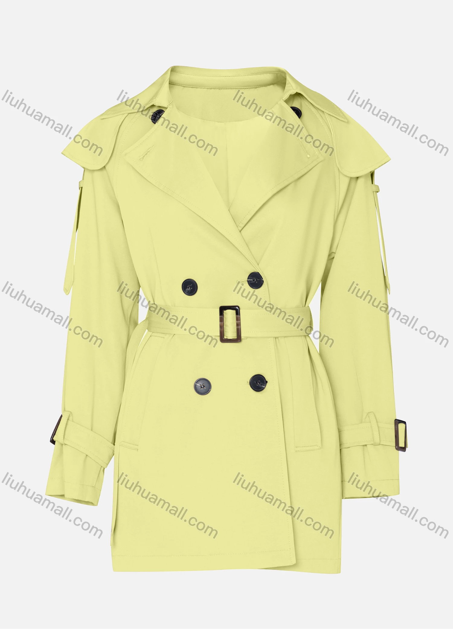 Wholesale Women's Casual Plain Lapel Long Sleeve Double Breasted Trench Coat With Belt - Liuhuamall