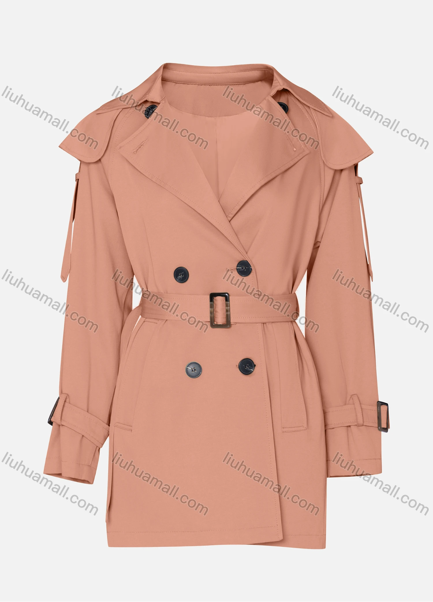 Wholesale Women's Casual Plain Lapel Long Sleeve Double Breasted Trench Coat With Belt - Liuhuamall