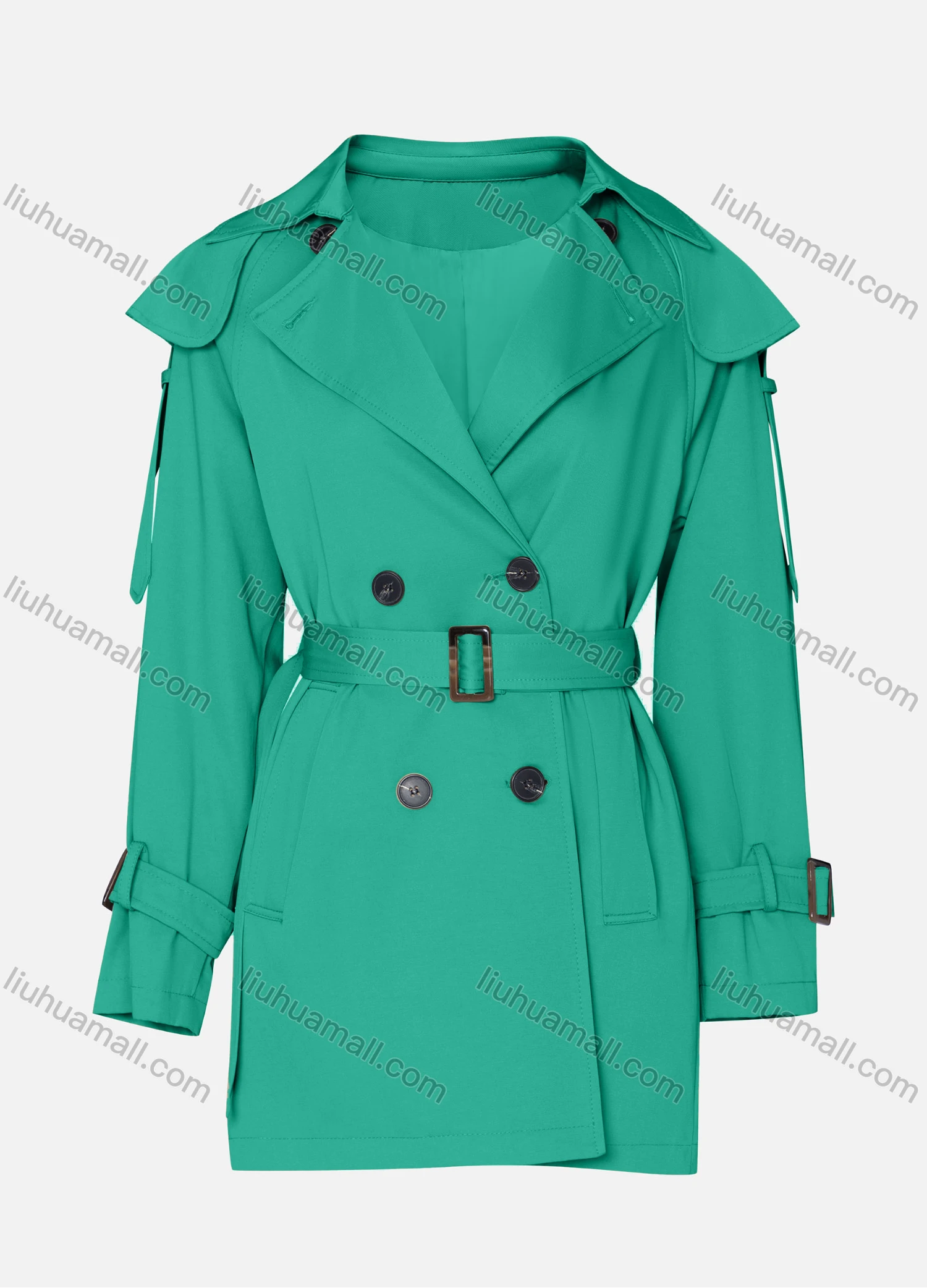 Wholesale Women's Casual Plain Lapel Long Sleeve Double Breasted Trench Coat With Belt - Liuhuamall