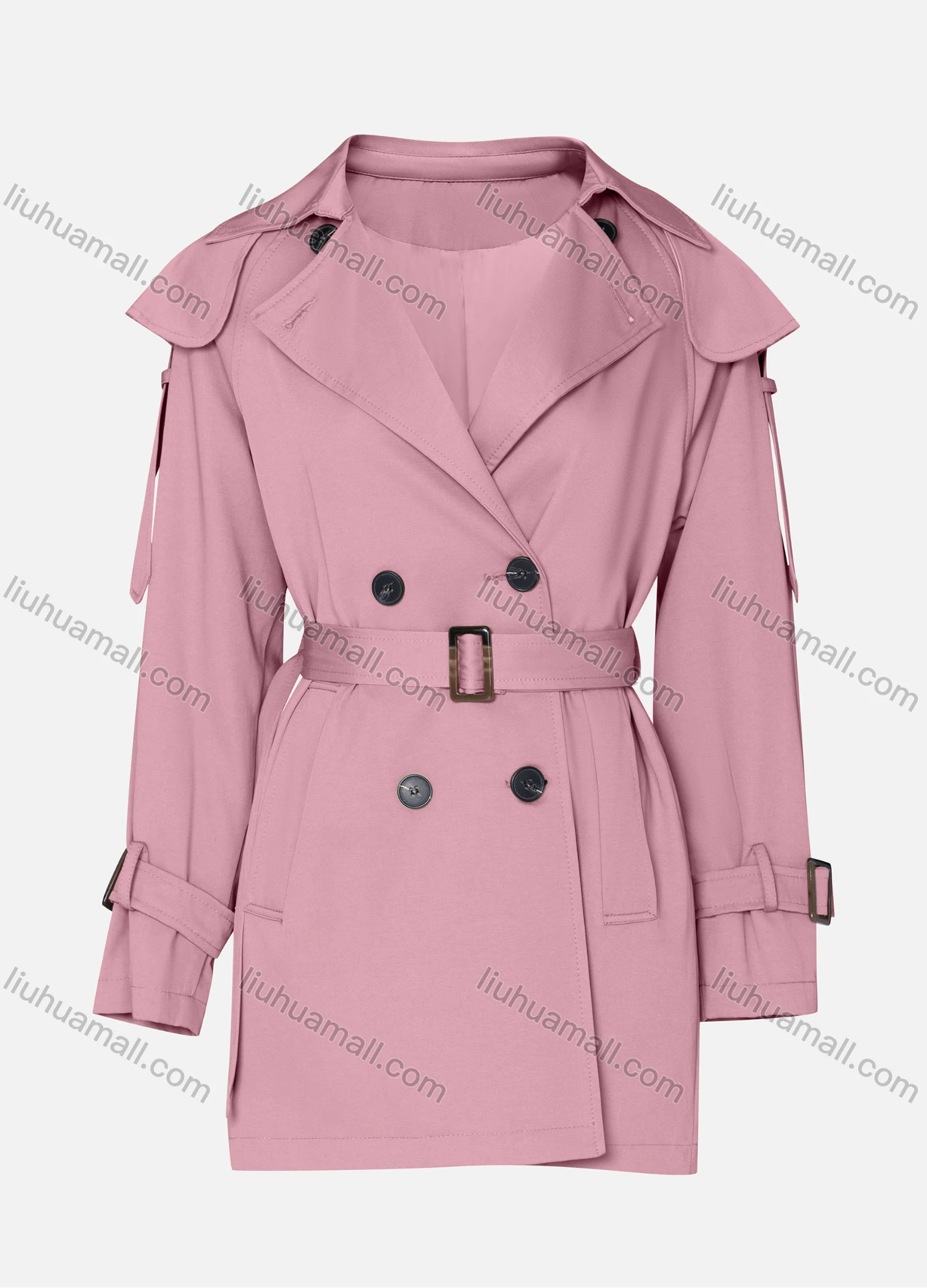 Wholesale Women's Casual Plain Lapel Long Sleeve Double Breasted Trench Coat With Belt - Liuhuamall