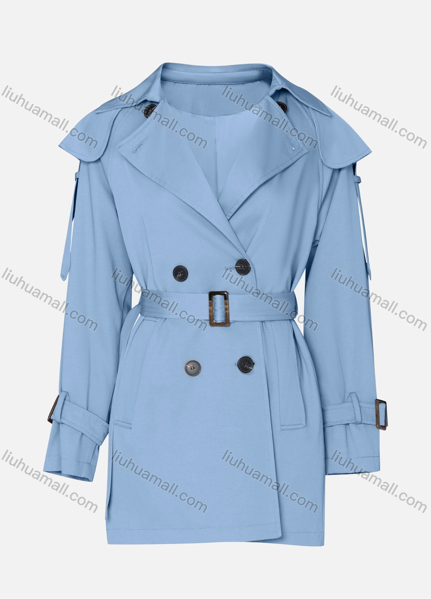 Wholesale Women's Casual Plain Lapel Long Sleeve Double Breasted Trench Coat With Belt - Liuhuamall
