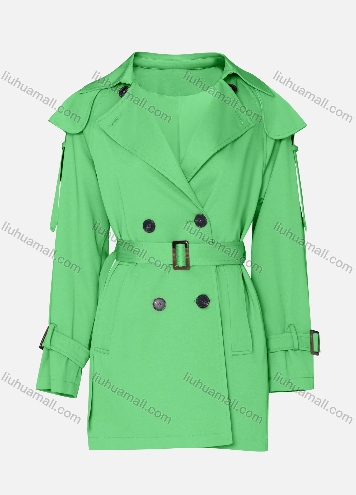 Wholesale Women's Casual Plain Lapel Long Sleeve Double Breasted Trench Coat With Belt - Liuhuamall