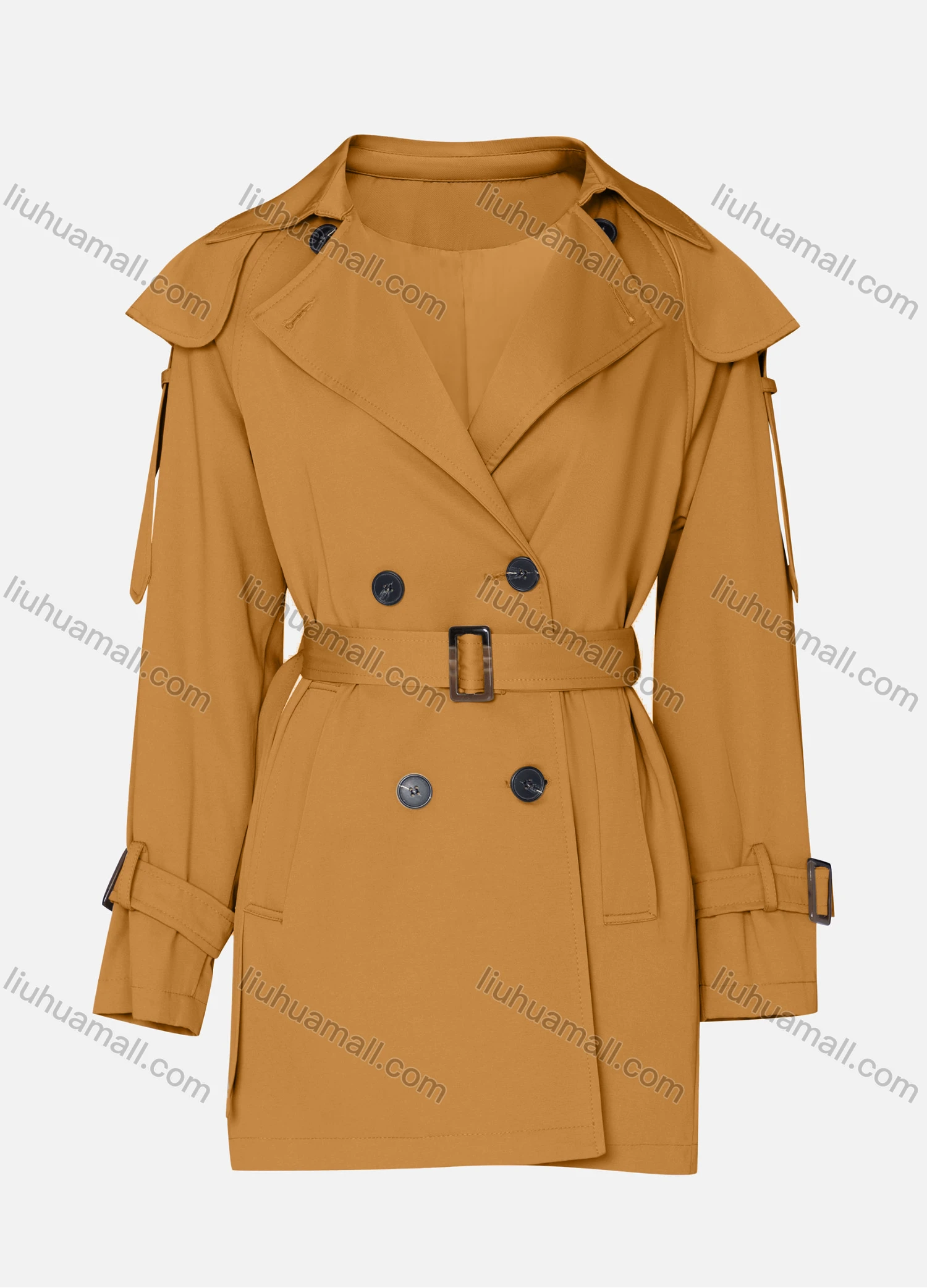 Wholesale Women's Casual Plain Lapel Long Sleeve Double Breasted Trench Coat With Belt - Liuhuamall