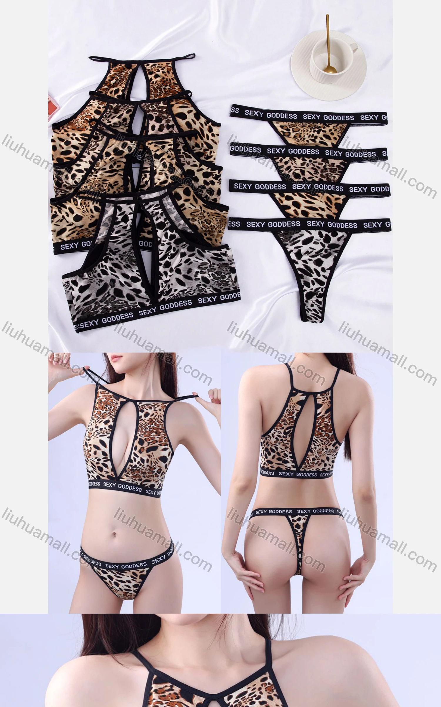 Wholesale Women's Sexy Leopard Hollow Out Bra & Thongs 2-piece Set 193# - Liuhuamall