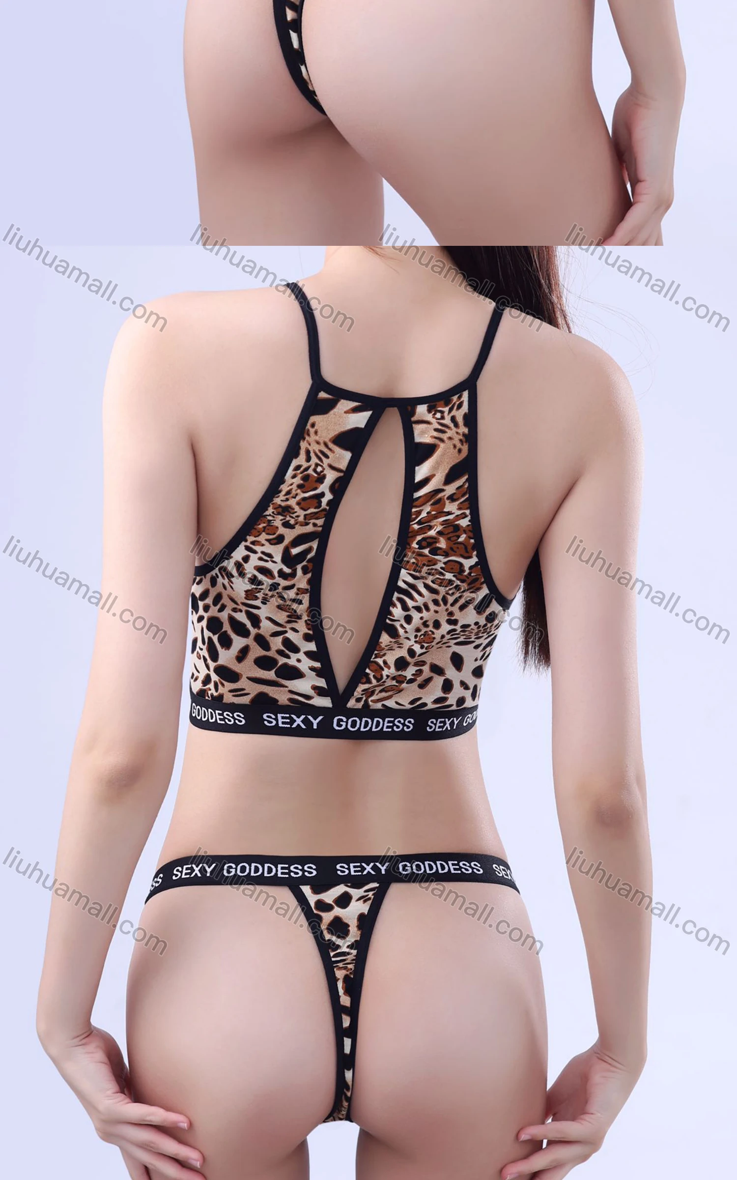 Wholesale Women's Sexy Leopard Hollow Out Bra & Thongs 2-piece Set 193# - Liuhuamall