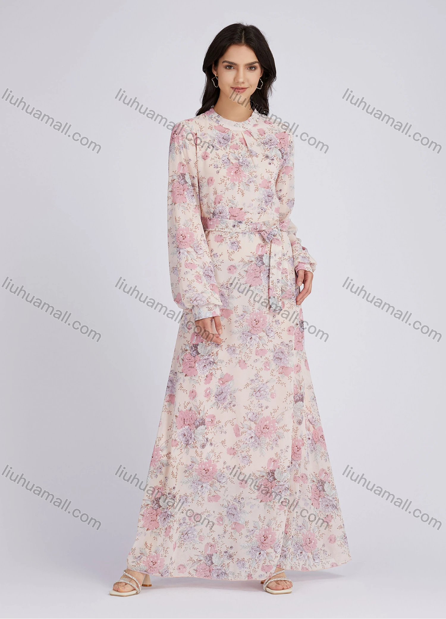 Wholesale Women's Elegant Floral Print Chiffon Round Neck Long Sleeve Maxi Dress With Belt - Liuhuamall