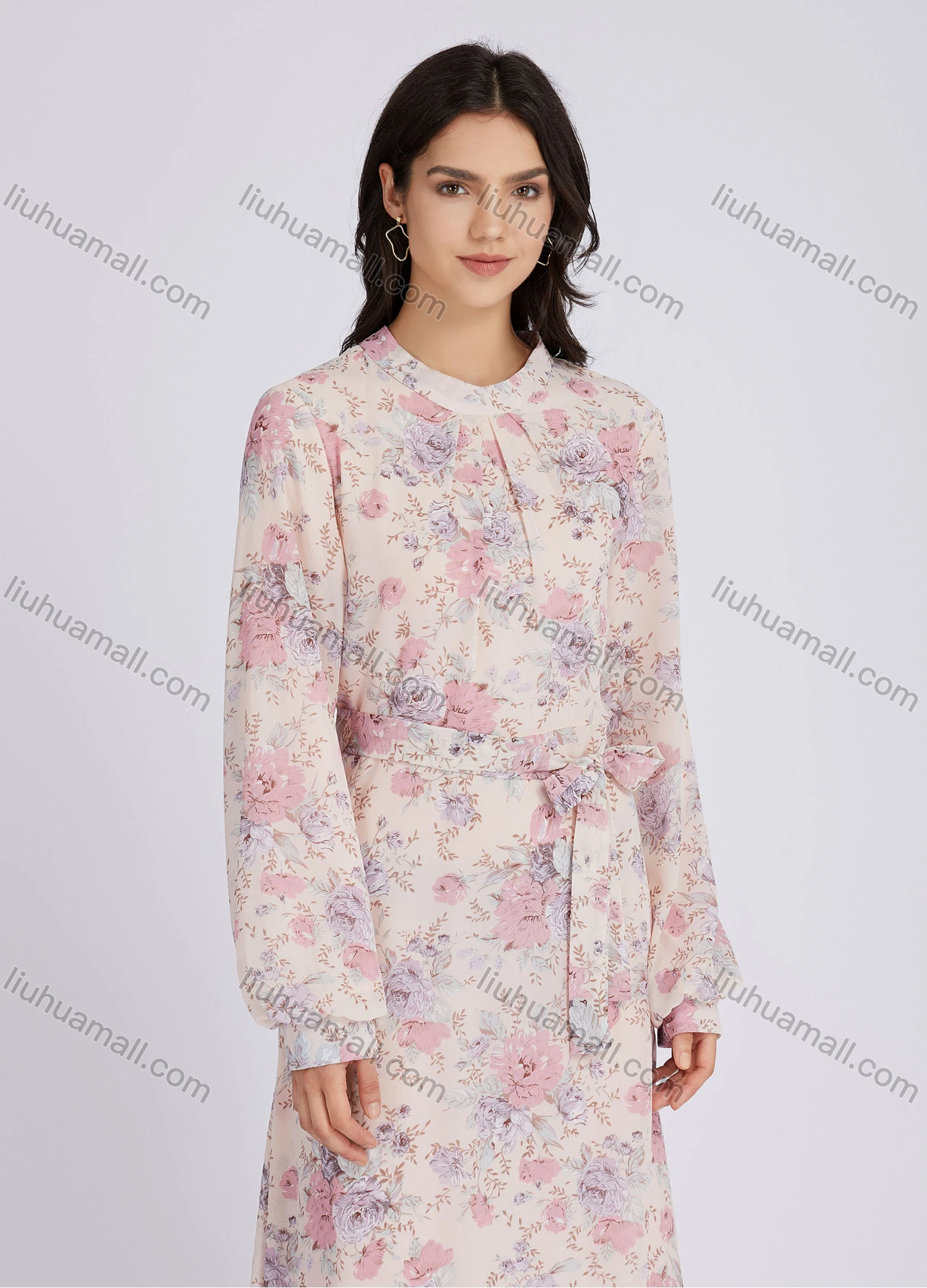 Wholesale Women's Elegant Floral Print Chiffon Round Neck Long Sleeve Maxi Dress With Belt - Liuhuamall
