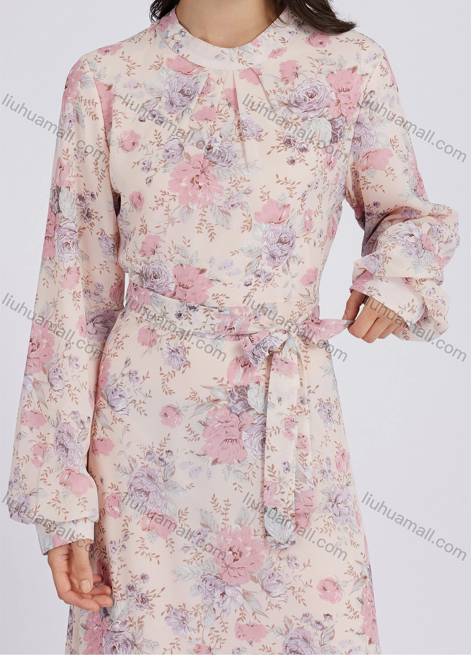 Wholesale Women's Elegant Floral Print Chiffon Round Neck Long Sleeve Maxi Dress With Belt - Liuhuamall