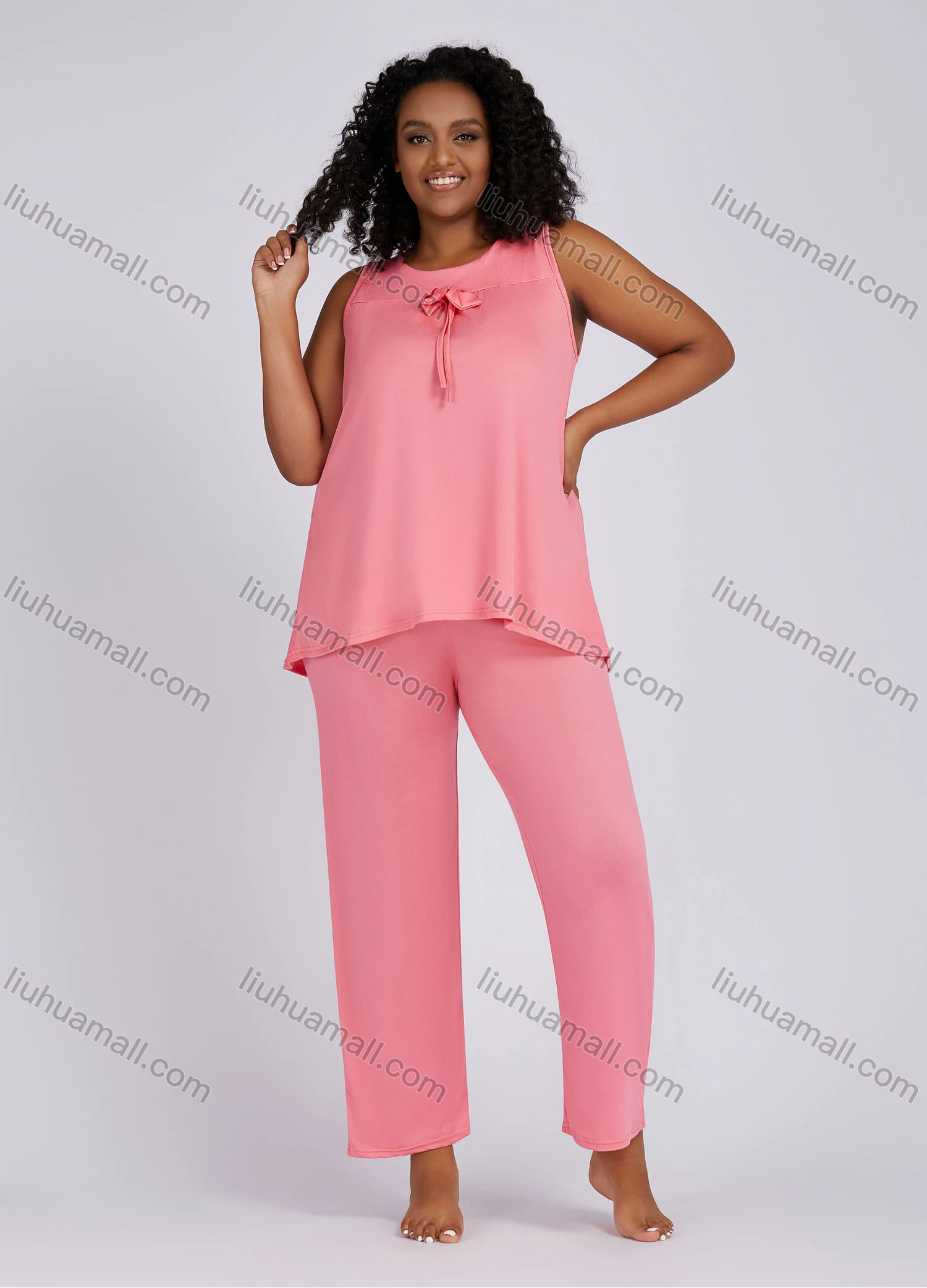 Wholesale Women's Casual Lounge Bow Know Plain Sleeveless Tank Top Pajamas 2 Piece Set 152# - Liuhuamall