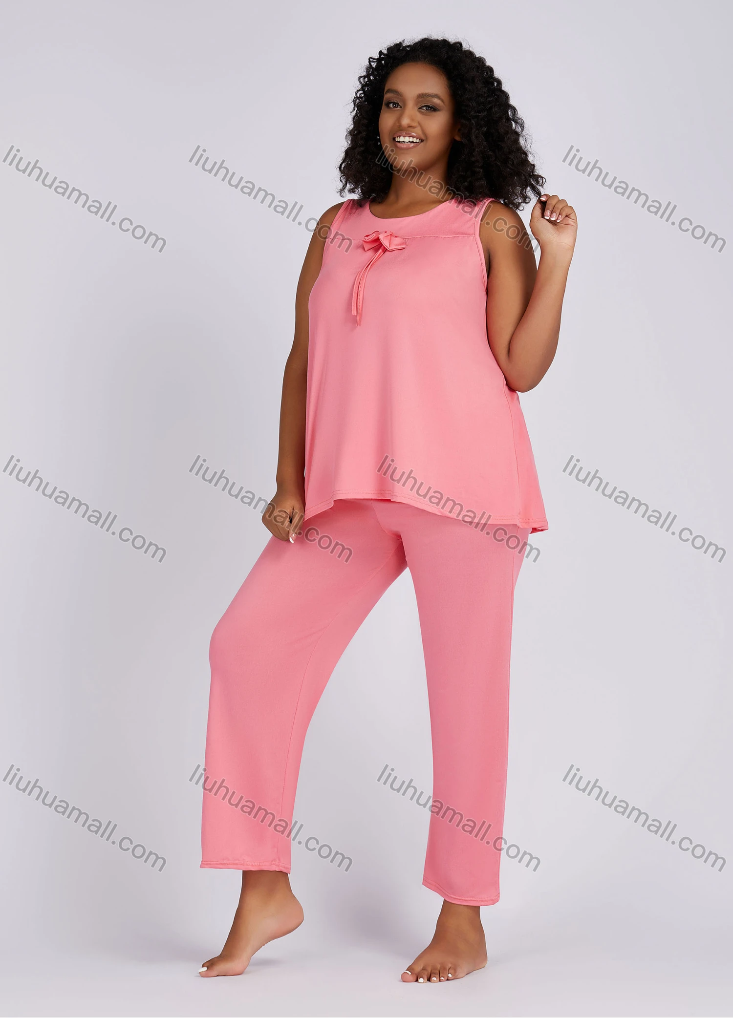 Wholesale Women's Casual Lounge Bow Know Plain Sleeveless Tank Top Pajamas 2 Piece Set 152# - Liuhuamall