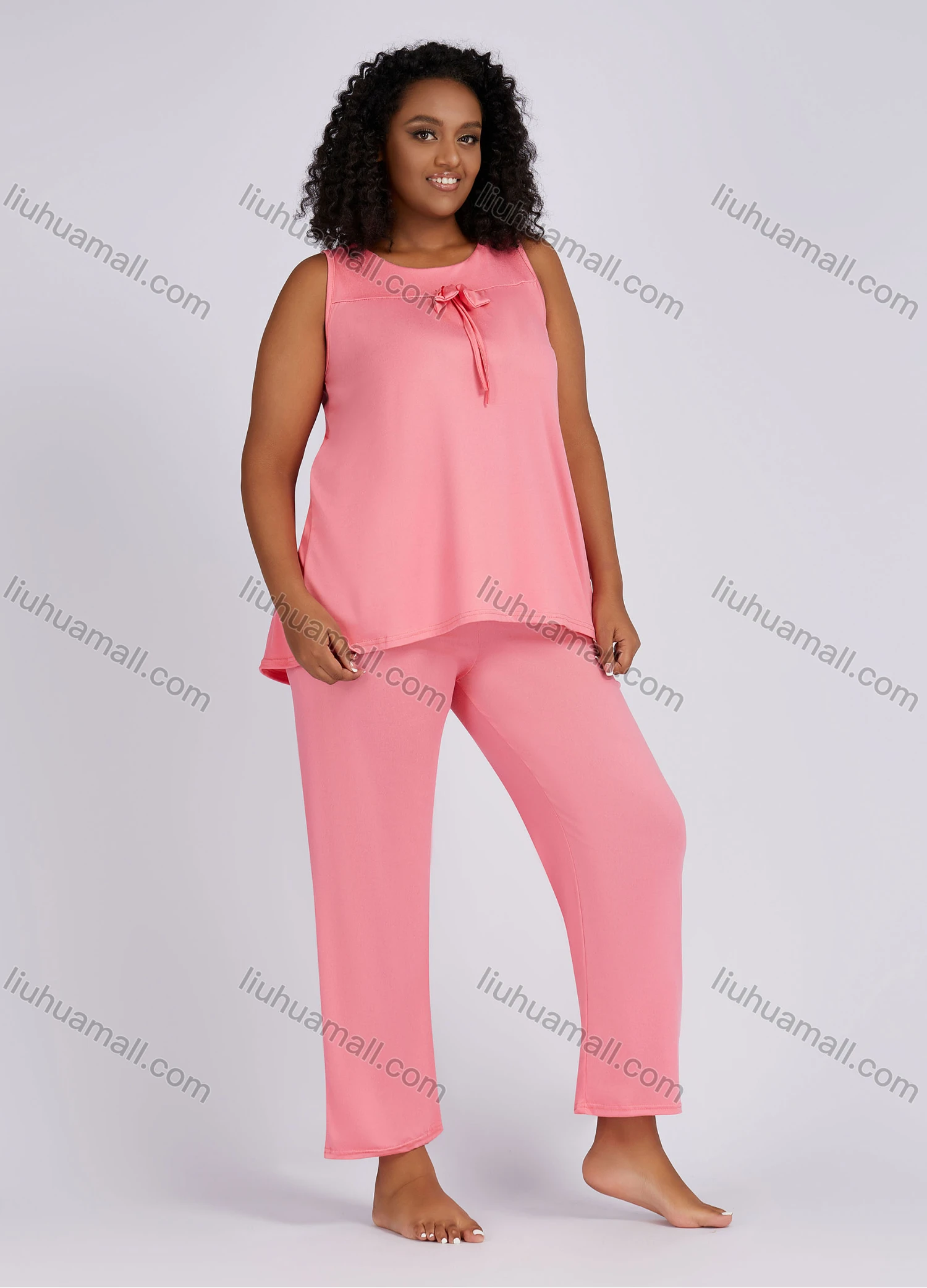 Wholesale Women's Casual Lounge Bow Know Plain Sleeveless Tank Top Pajamas 2 Piece Set 152# - Liuhuamall