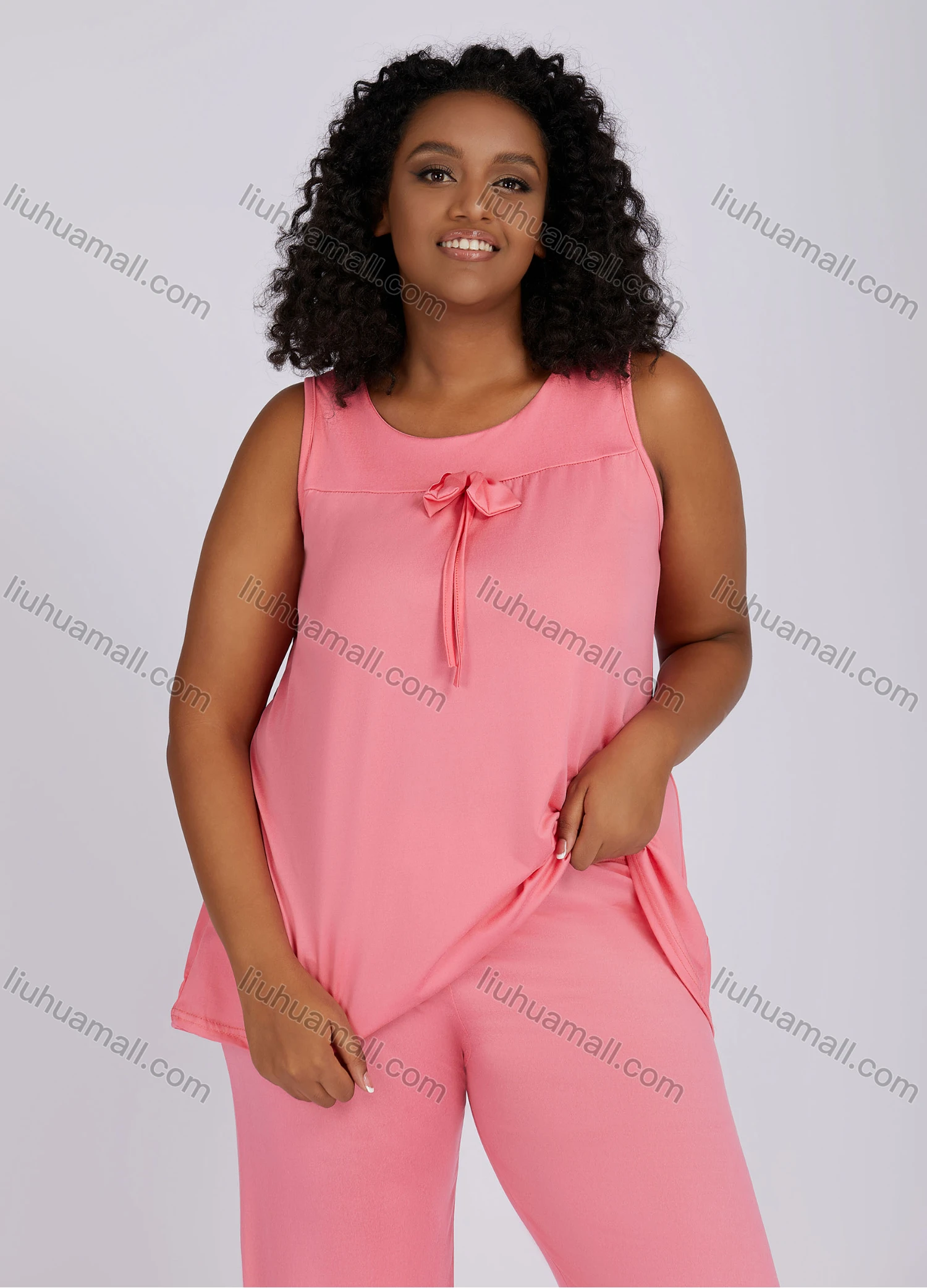 Wholesale Women's Casual Lounge Bow Know Plain Sleeveless Tank Top Pajamas 2 Piece Set 152# - Liuhuamall