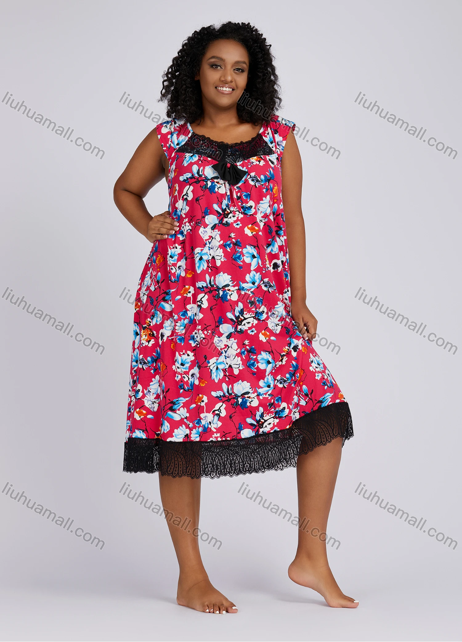 Wholesale Women's Casual Round Neck Guipure Lace Floral Print Sleeveless Midi Tank Dress 1157# - Liuhuamall