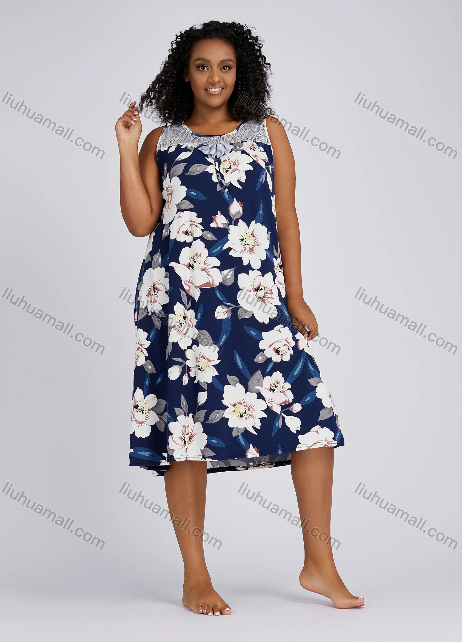 Wholesale Women's Casual Round Neck Guipure Lace Floral Print Sleeveless Midi Tank Dress 1156# - Liuhuamall