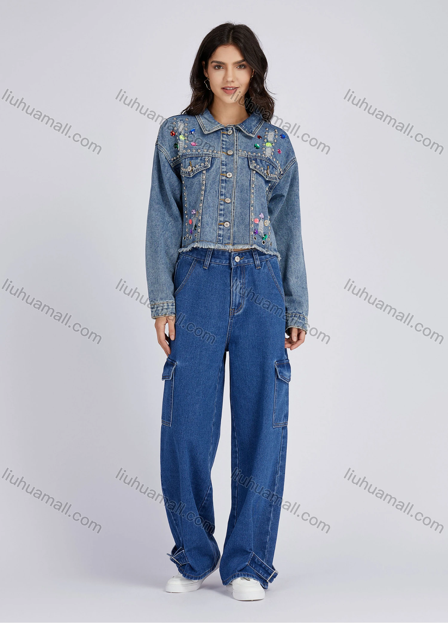 Wholesale Women's Casual Rhinestones Rivets Ripped Frayed Raw Hem Buttons Down Long Sleeve Denim Jacket 30273# - Liuhuamall