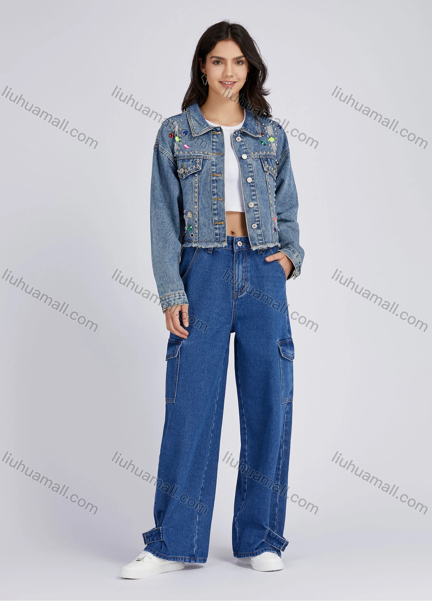 Wholesale Women's Casual Rhinestones Rivets Ripped Frayed Raw Hem Buttons Down Long Sleeve Denim Jacket 30273# - Liuhuamall