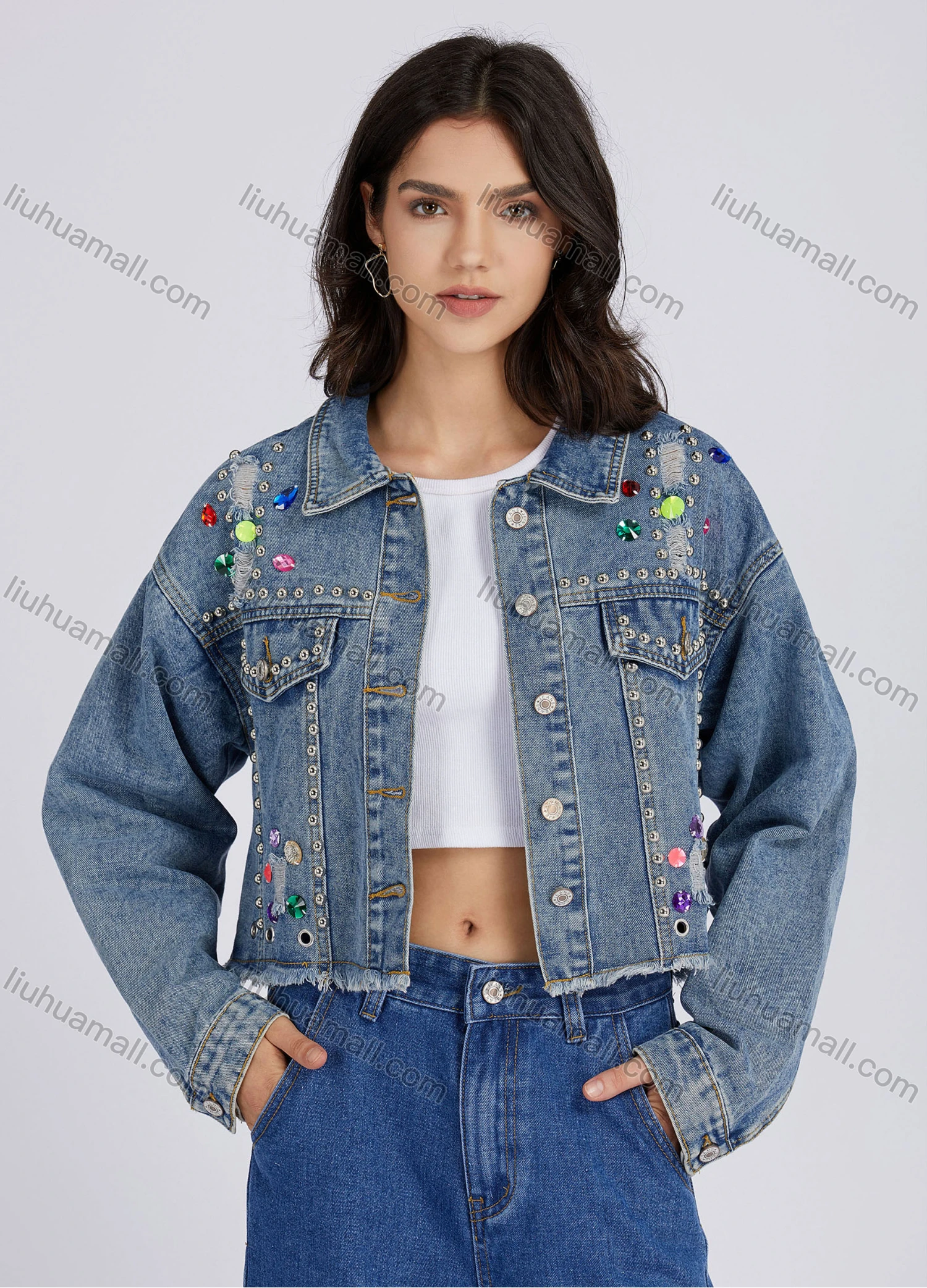 Wholesale Women's Casual Rhinestones Rivets Ripped Frayed Raw Hem Buttons Down Long Sleeve Denim Jacket 30273# - Liuhuamall