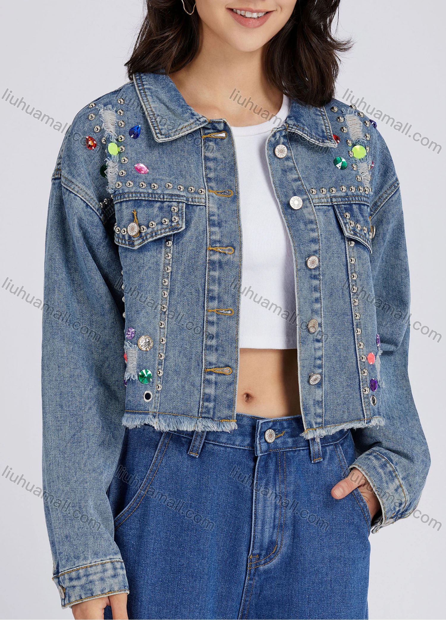 Wholesale Women's Casual Rhinestones Rivets Ripped Frayed Raw Hem Buttons Down Long Sleeve Denim Jacket 30273# - Liuhuamall