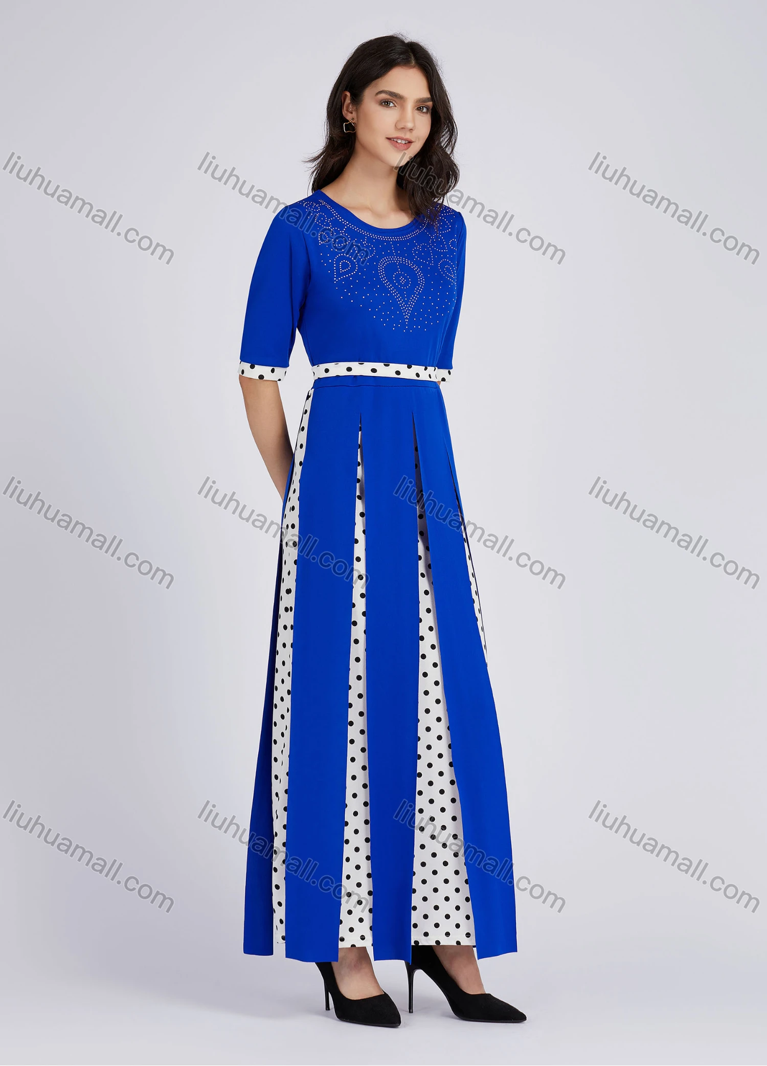 Wholesale Women's Casual Round Neck Rhinestones Applique Polka Dots Print Half Sleeve Maxi Dress - Liuhuamall