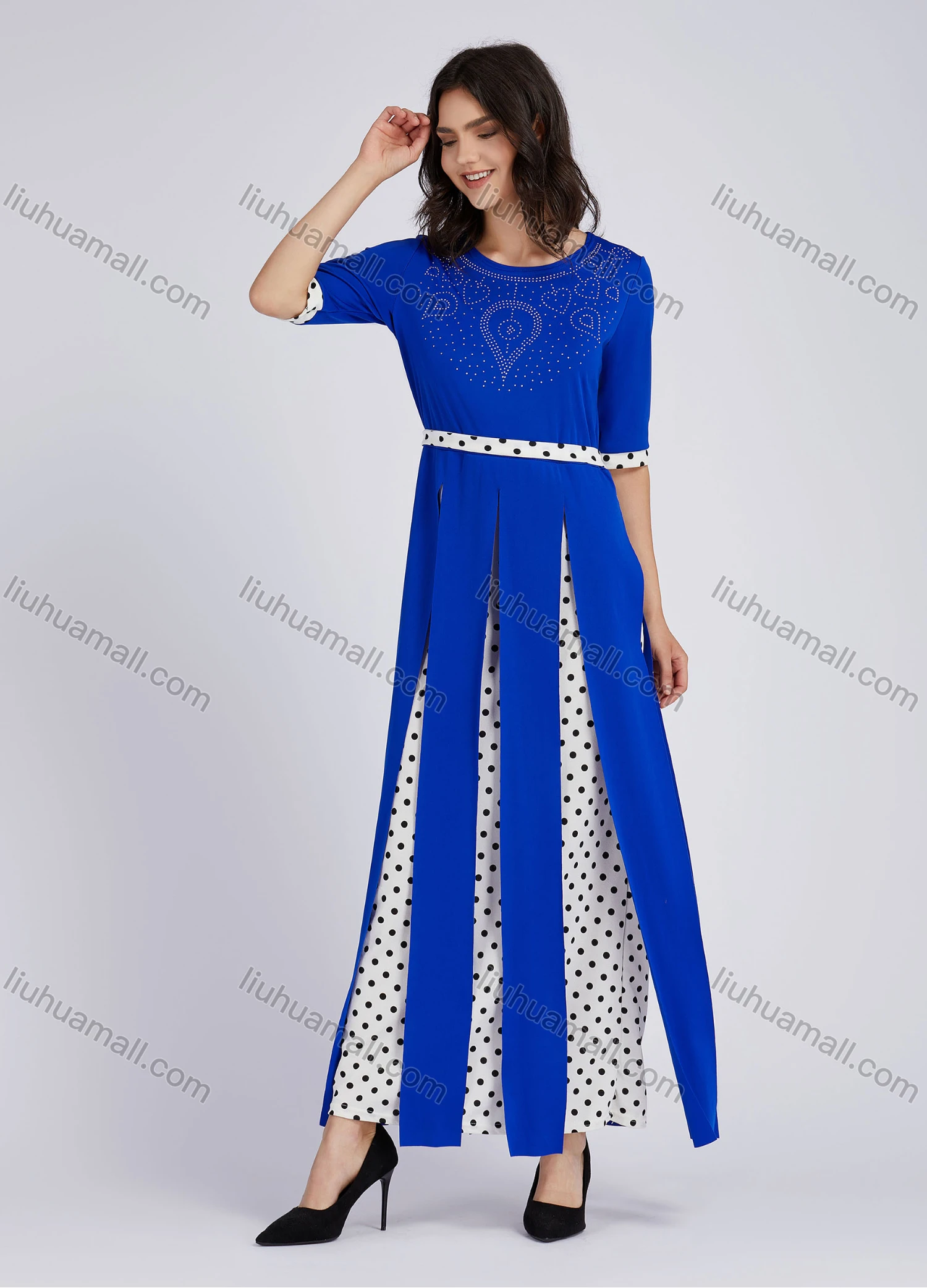 Wholesale Women's Casual Round Neck Rhinestones Applique Polka Dots Print Half Sleeve Maxi Dress - Liuhuamall