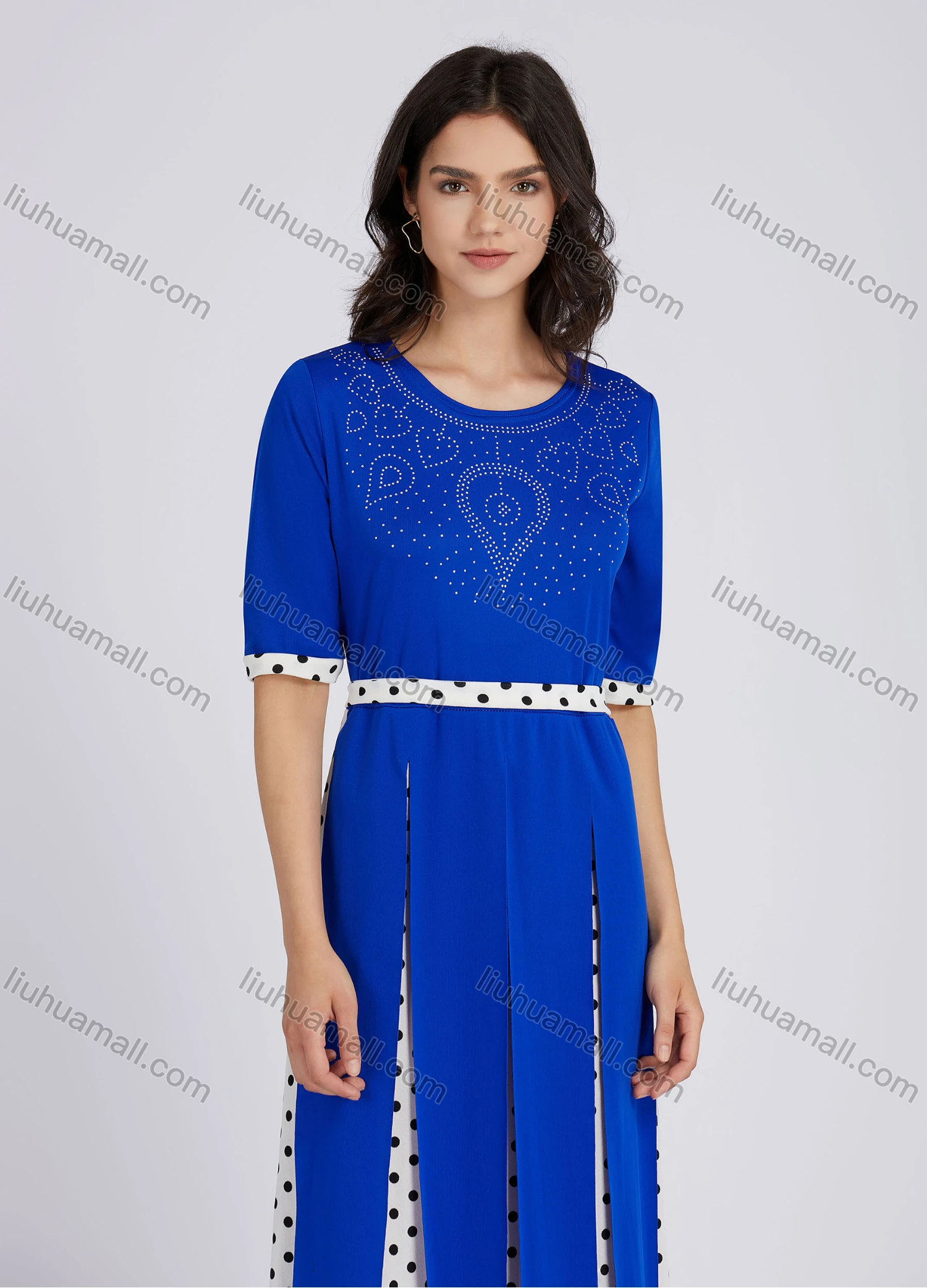 Wholesale Women's Casual Round Neck Rhinestones Applique Polka Dots Print Half Sleeve Maxi Dress - Liuhuamall