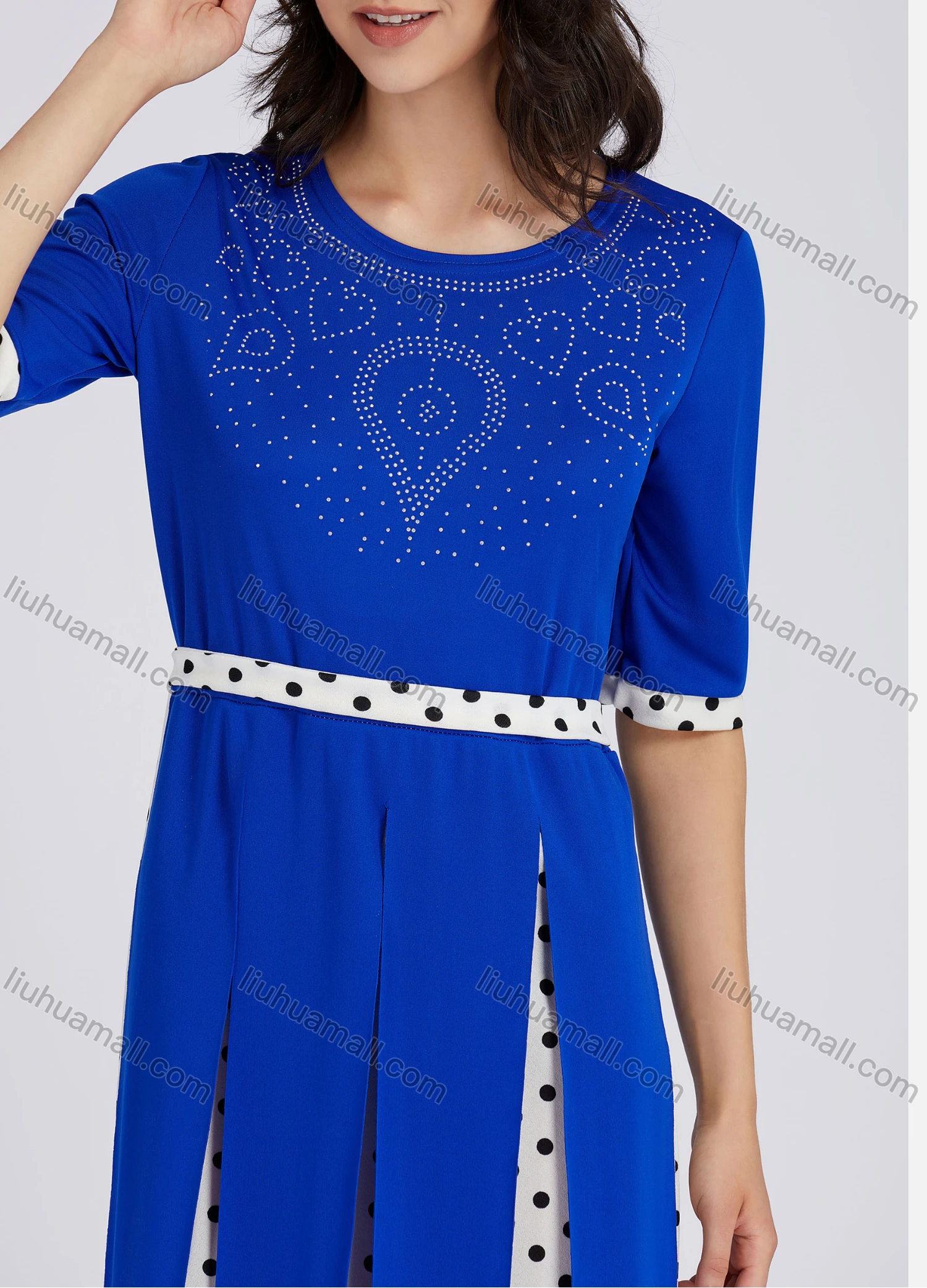 Wholesale Women's Casual Round Neck Rhinestones Applique Polka Dots Print Half Sleeve Maxi Dress - Liuhuamall