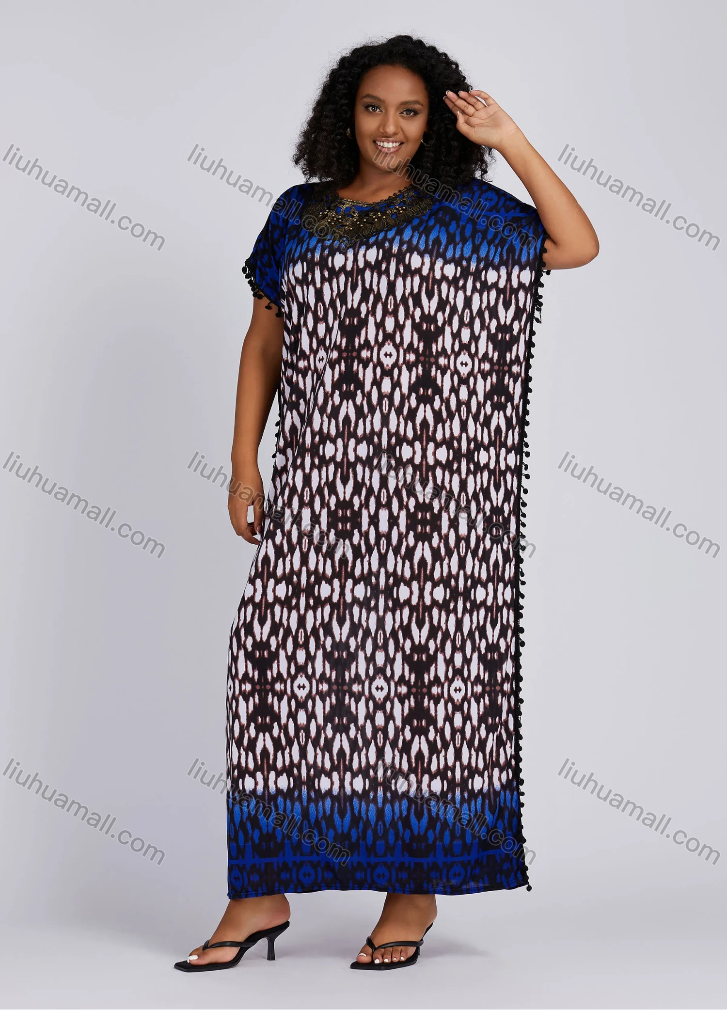 Wholesale Women's African Folkloric Allover Print Pom Pom Embroidery Short Sleeve Maxi Dress - Liuhuamall