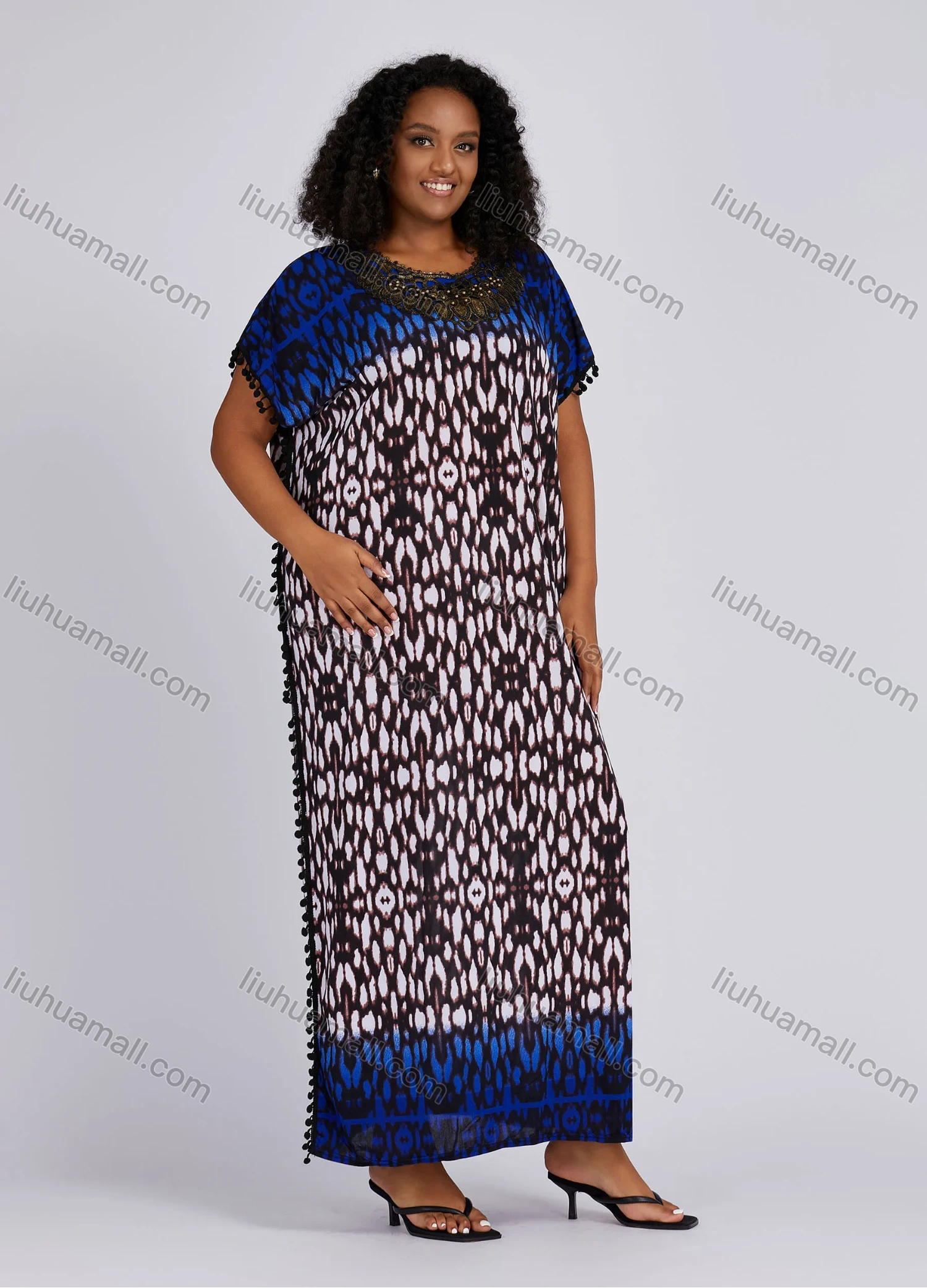 Wholesale Women's African Folkloric Allover Print Pom Pom Embroidery Short Sleeve Maxi Dress - Liuhuamall