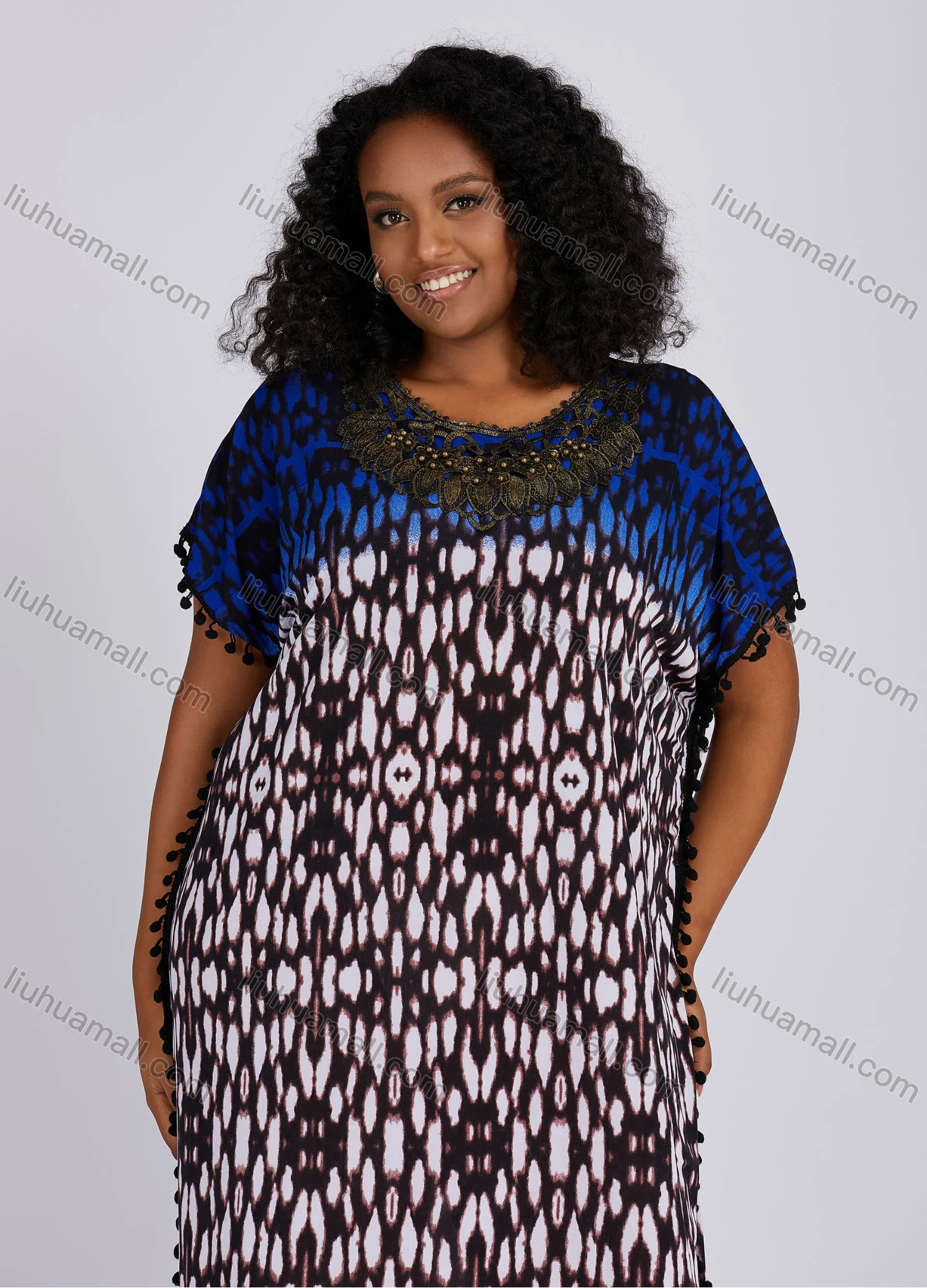 Wholesale Women's African Folkloric Allover Print Pom Pom Embroidery Short Sleeve Maxi Dress - Liuhuamall