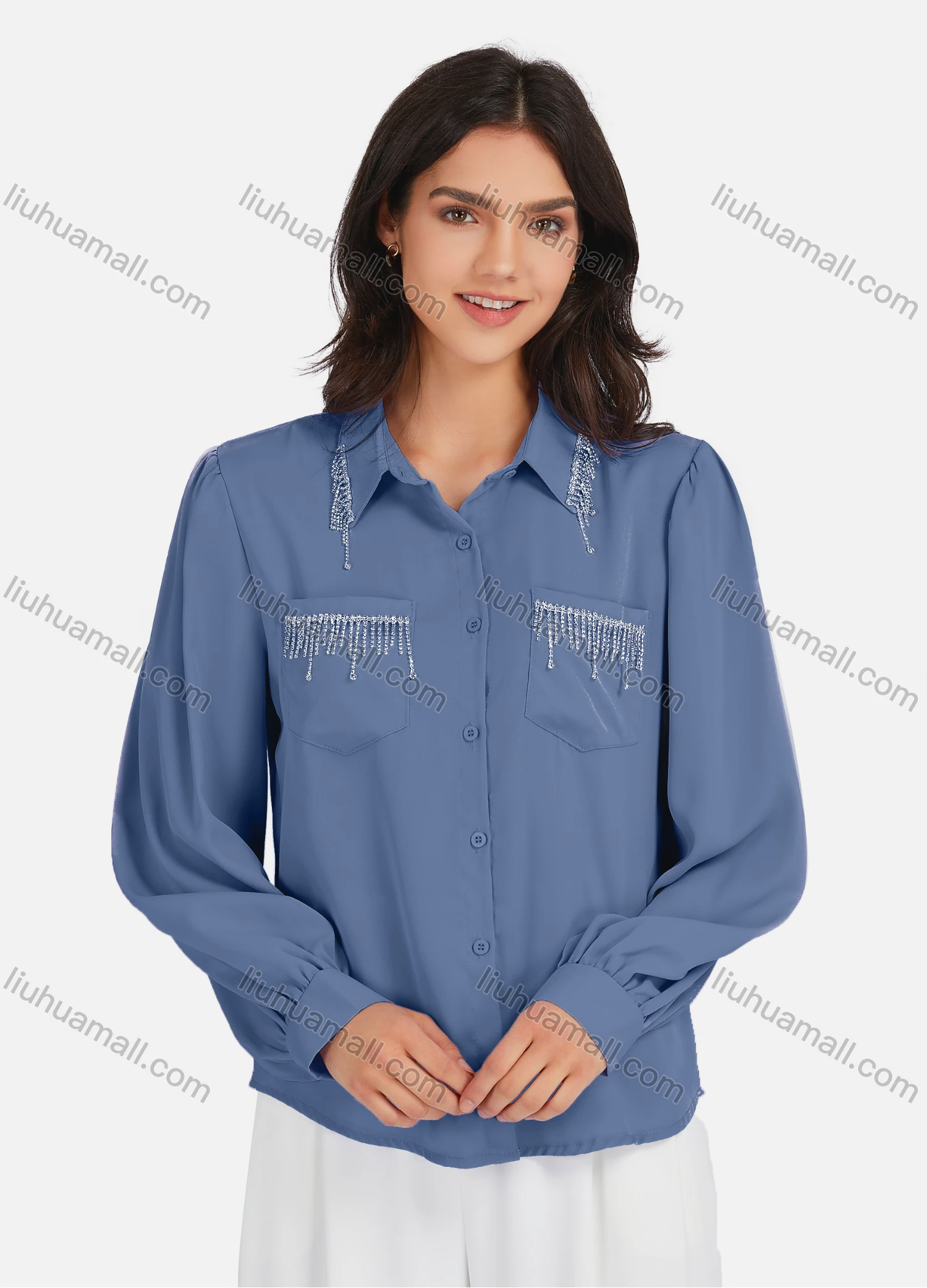 Wholesale Women's Casual Plain Rhinestones Fringes Patch Pockets Long Sleeve Curved Hem Shirt LL-33035# - Liuhuamall