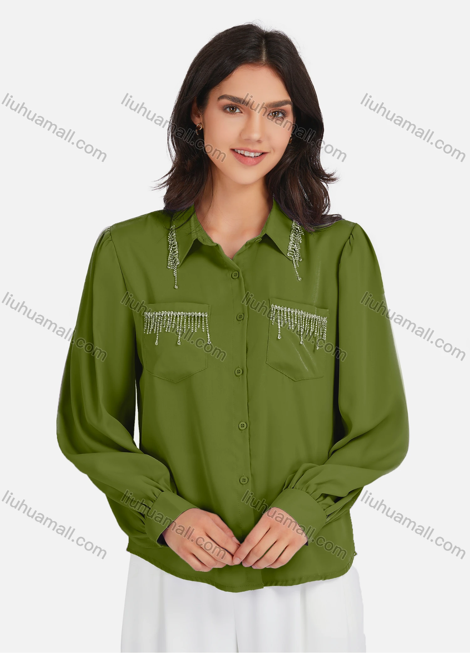 Wholesale Women's Casual Plain Rhinestones Fringes Patch Pockets Long Sleeve Curved Hem Shirt LL-33035# - Liuhuamall