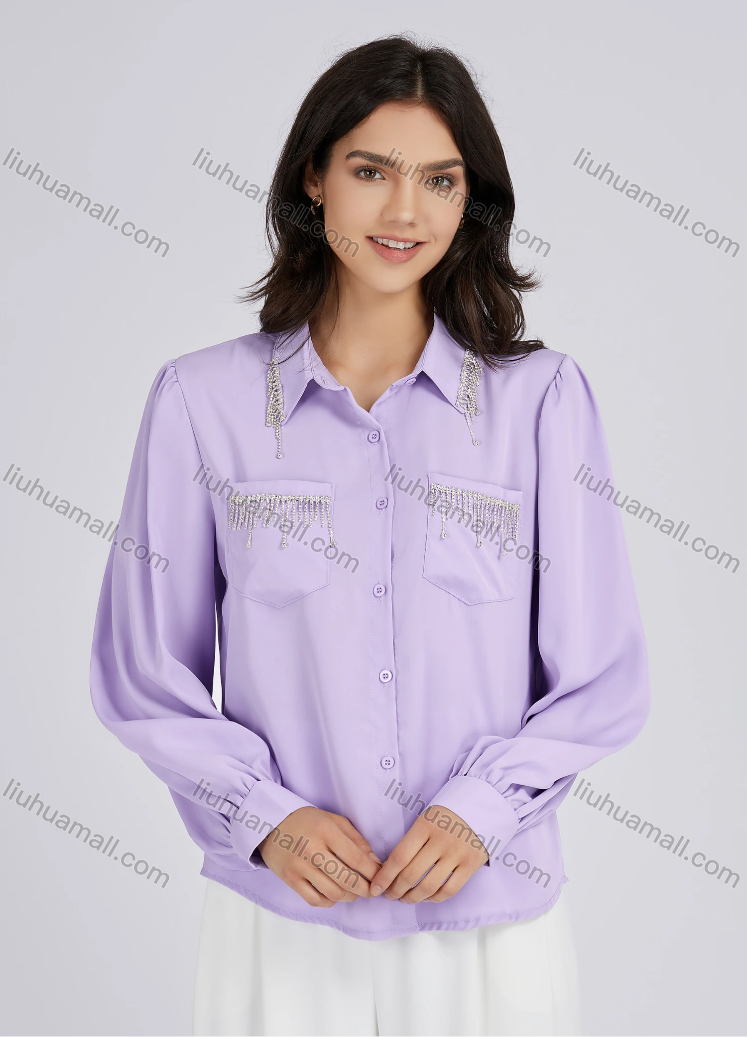 Wholesale Women's Casual Plain Rhinestones Fringes Patch Pockets Long Sleeve Curved Hem Shirt LL-33035# - Liuhuamall