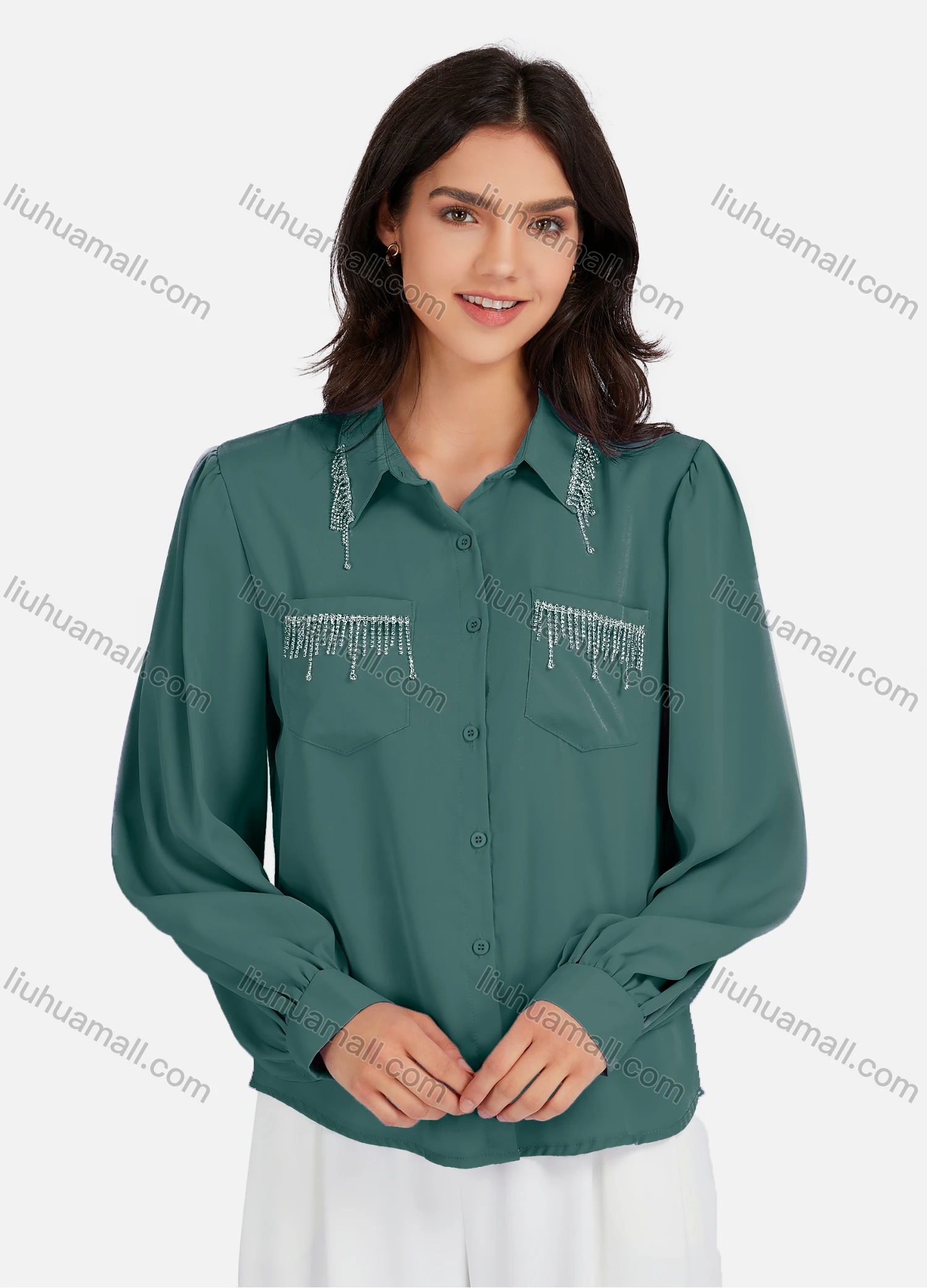 Wholesale Women's Casual Plain Rhinestones Fringes Patch Pockets Long Sleeve Curved Hem Shirt LL-33035# - Liuhuamall