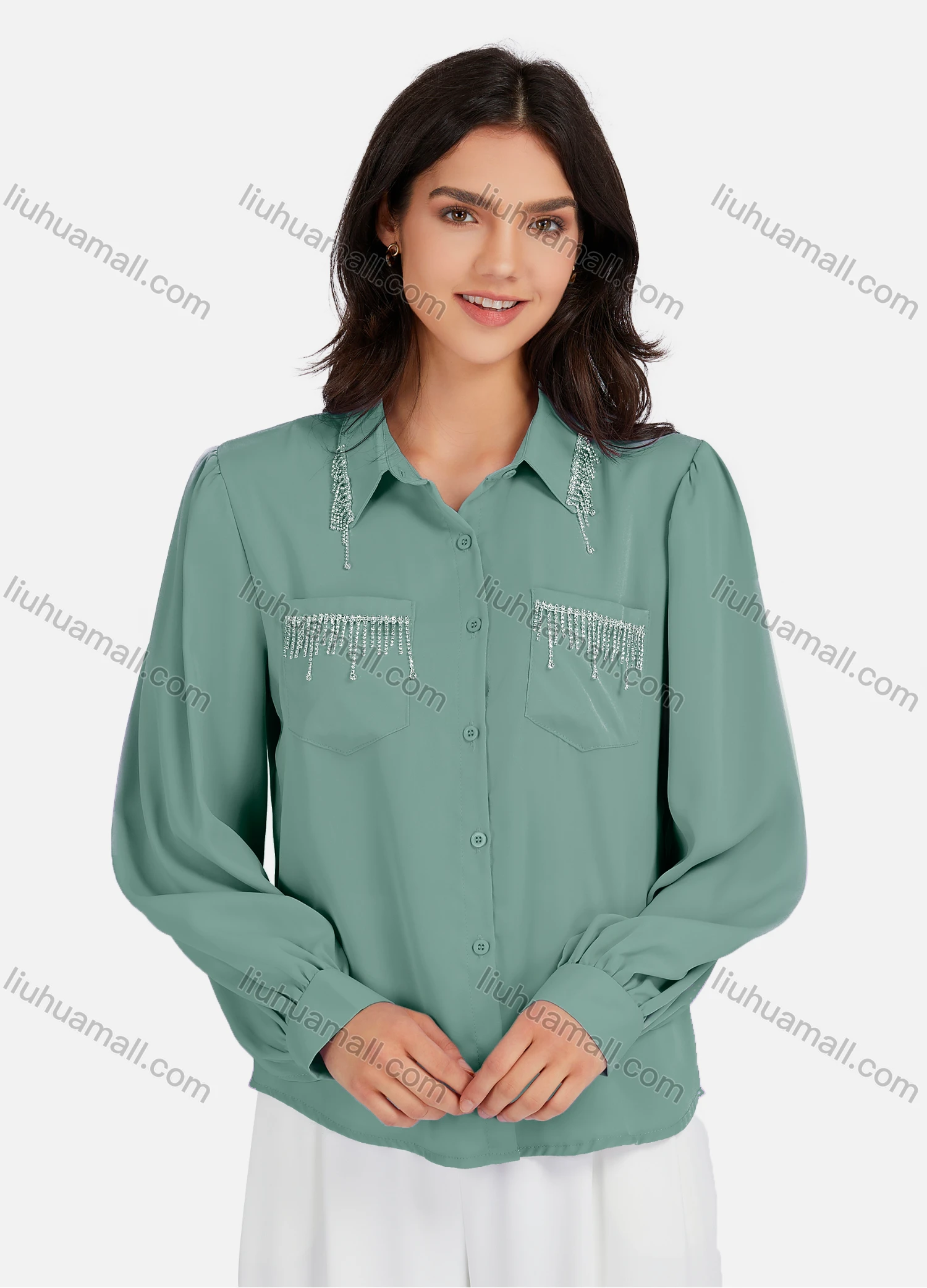 Wholesale Women's Casual Plain Rhinestones Fringes Patch Pockets Long Sleeve Curved Hem Shirt LL-33035# - Liuhuamall