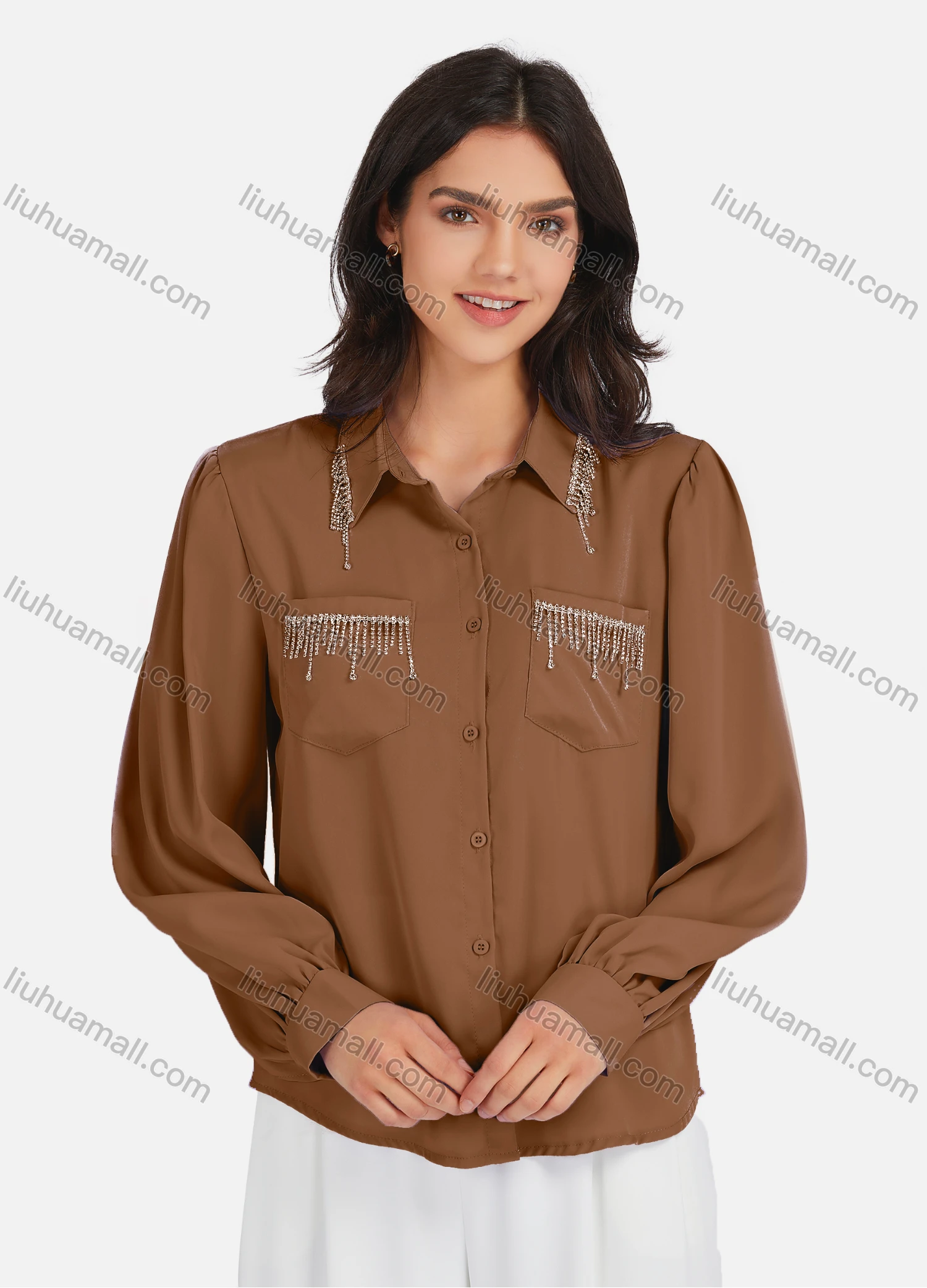Wholesale Women's Casual Plain Rhinestones Fringes Patch Pockets Long Sleeve Curved Hem Shirt LL-33035# - Liuhuamall