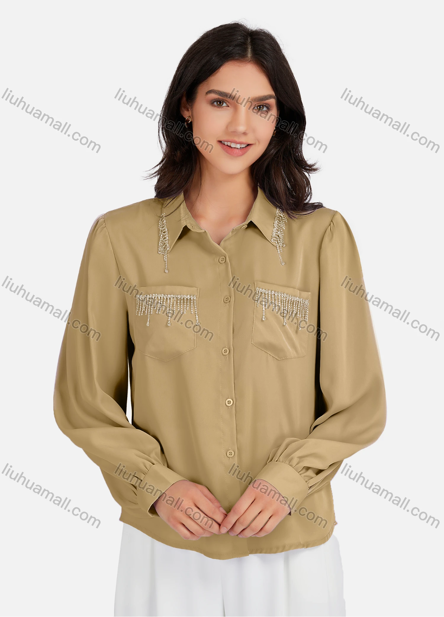Wholesale Women's Casual Plain Rhinestones Fringes Patch Pockets Long Sleeve Curved Hem Shirt LL-33035# - Liuhuamall