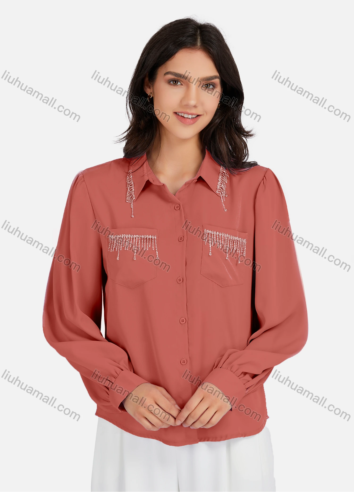 Wholesale Women's Casual Plain Rhinestones Fringes Patch Pockets Long Sleeve Curved Hem Shirt LL-33035# - Liuhuamall