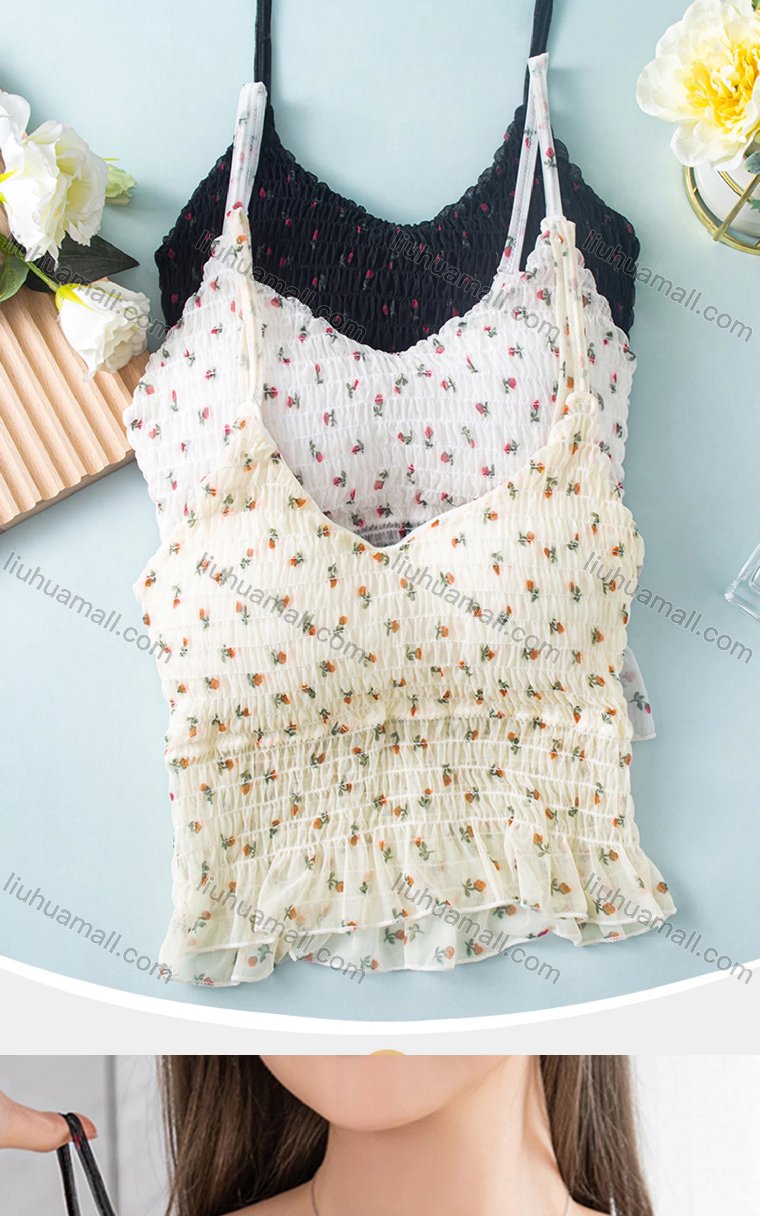 Wholesale Women's Casual Floral Spaghetti Strap Shirred Lace Trim Built-in Bra Lingerie F87# - Liuhuamall