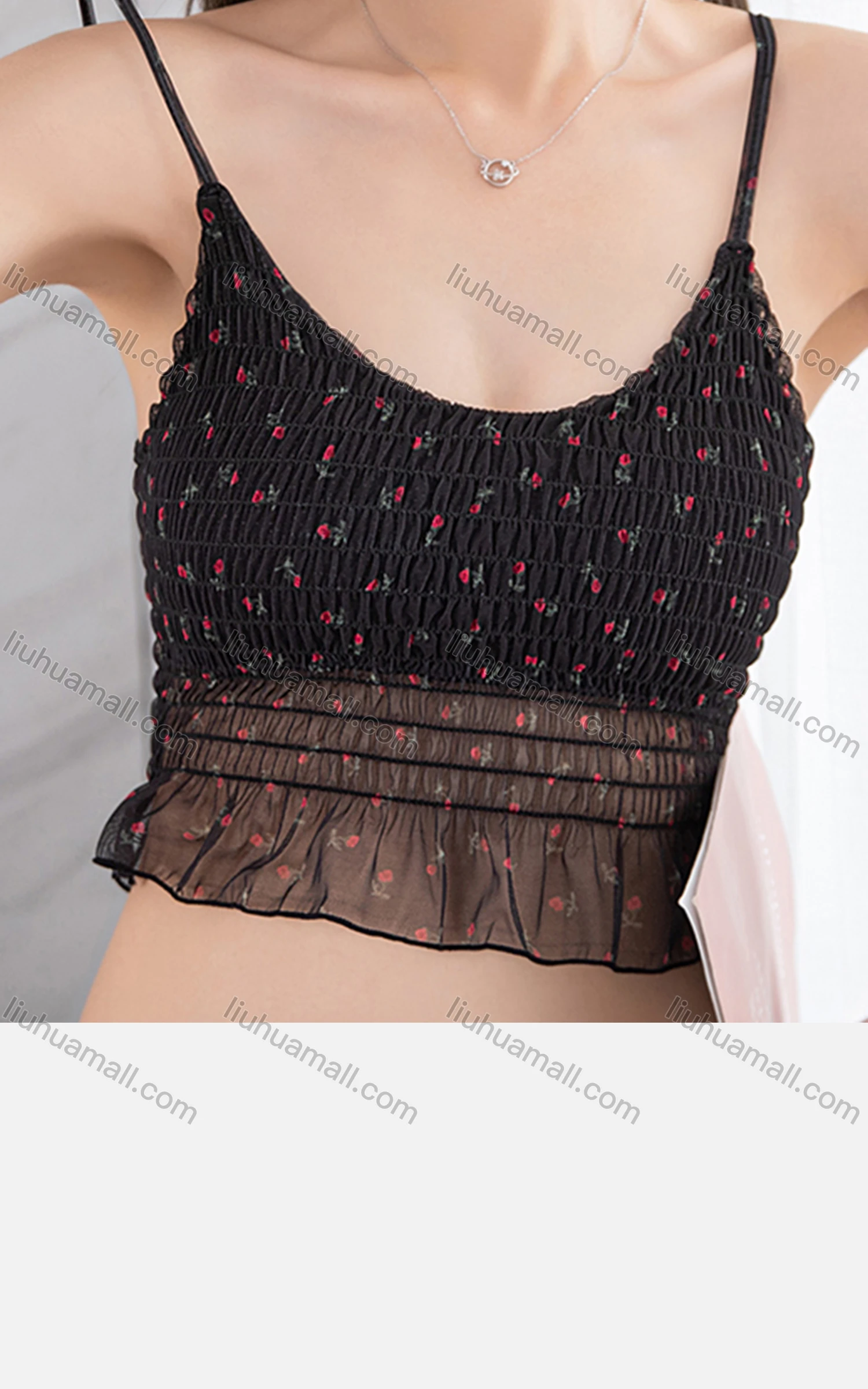 Wholesale Women's Casual Floral Spaghetti Strap Shirred Lace Trim Built-in Bra Lingerie F87# - Liuhuamall