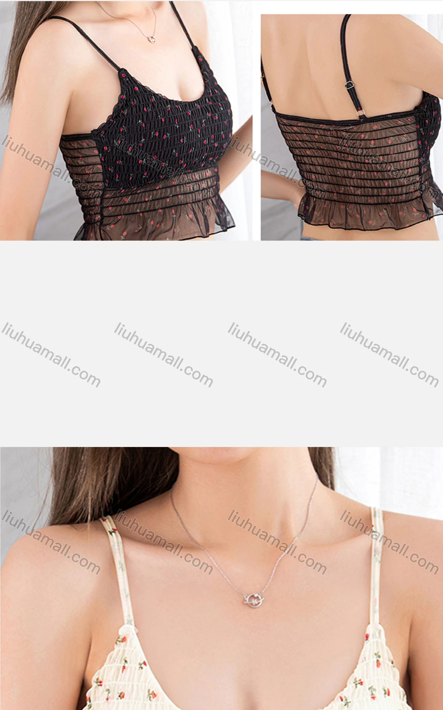 Wholesale Women's Casual Floral Spaghetti Strap Shirred Lace Trim Built-in Bra Lingerie F87# - Liuhuamall