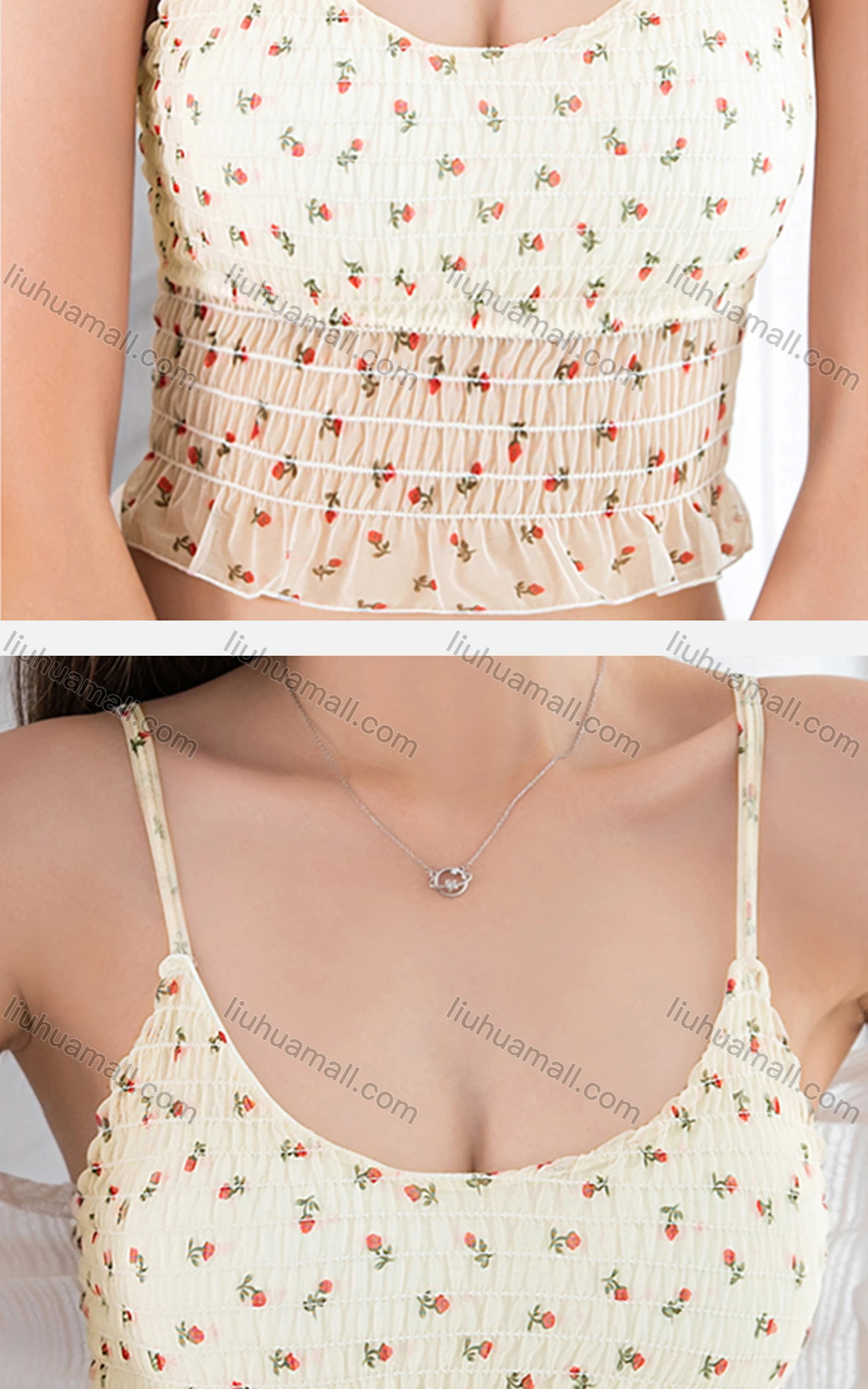 Wholesale Women's Casual Floral Spaghetti Strap Shirred Lace Trim Built-in Bra Lingerie F87# - Liuhuamall