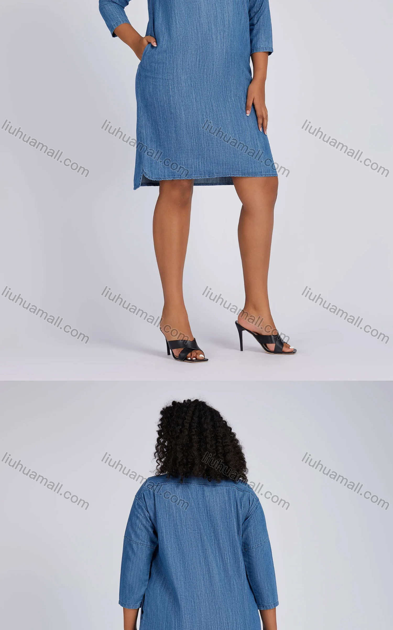 Wholesale Women's Casual Bateau Neck Split Side Knee Length Denim Dress 1693# - Liuhuamall