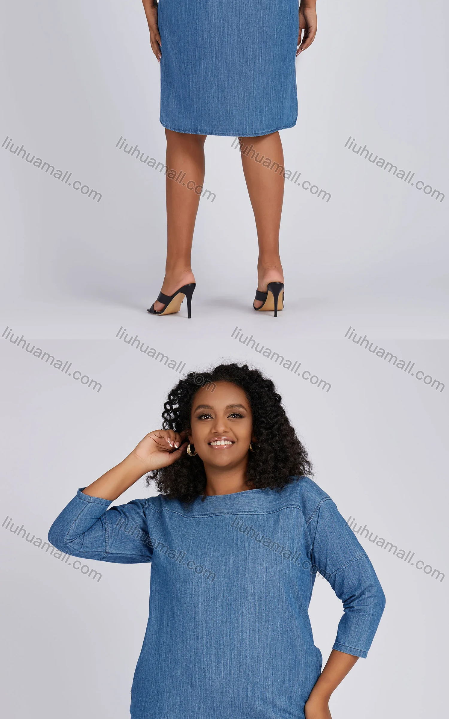 Wholesale Women's Casual Bateau Neck Split Side Knee Length Denim Dress 1693# - Liuhuamall