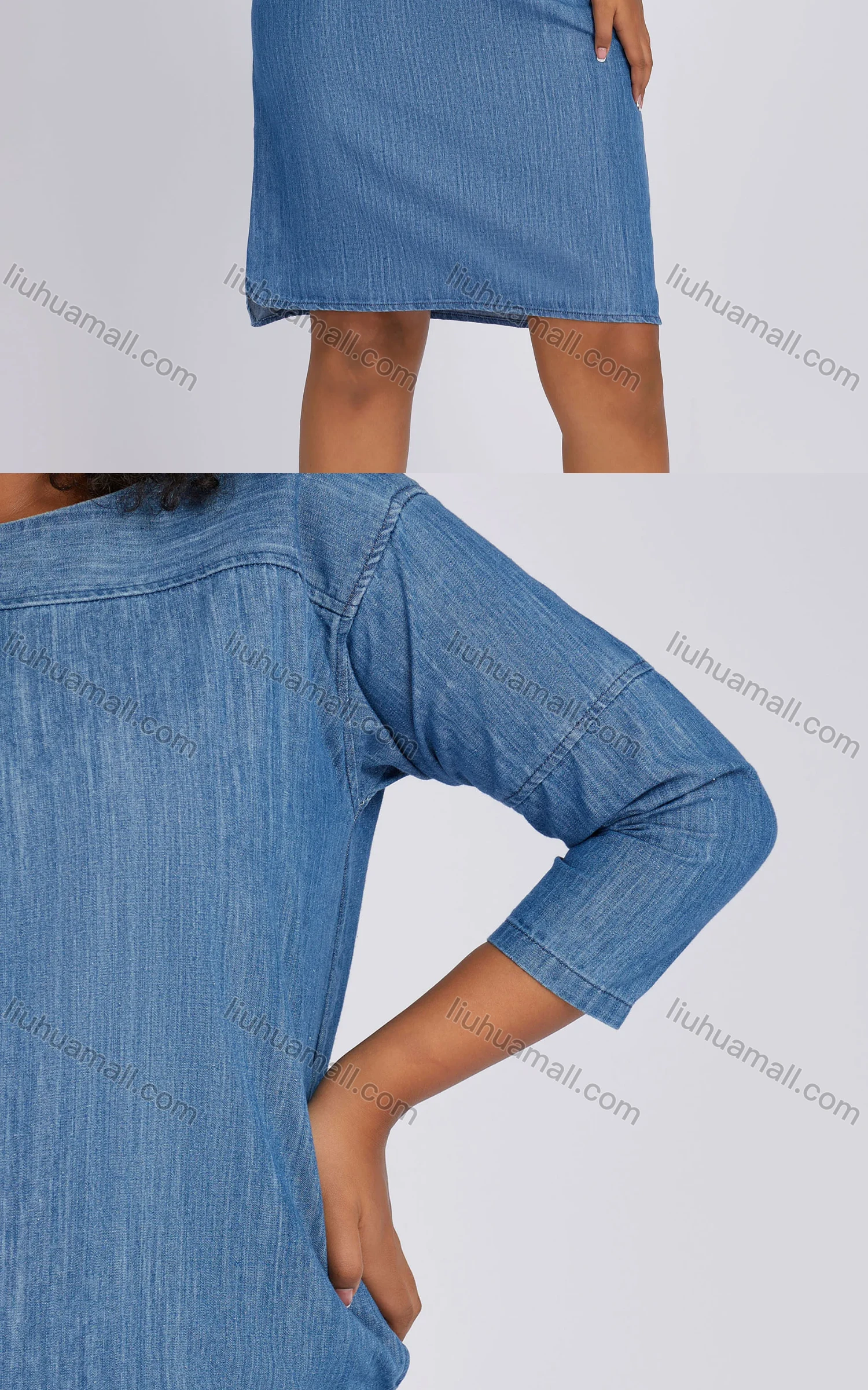 Wholesale Women's Casual Bateau Neck Split Side Knee Length Denim Dress 1693# - Liuhuamall