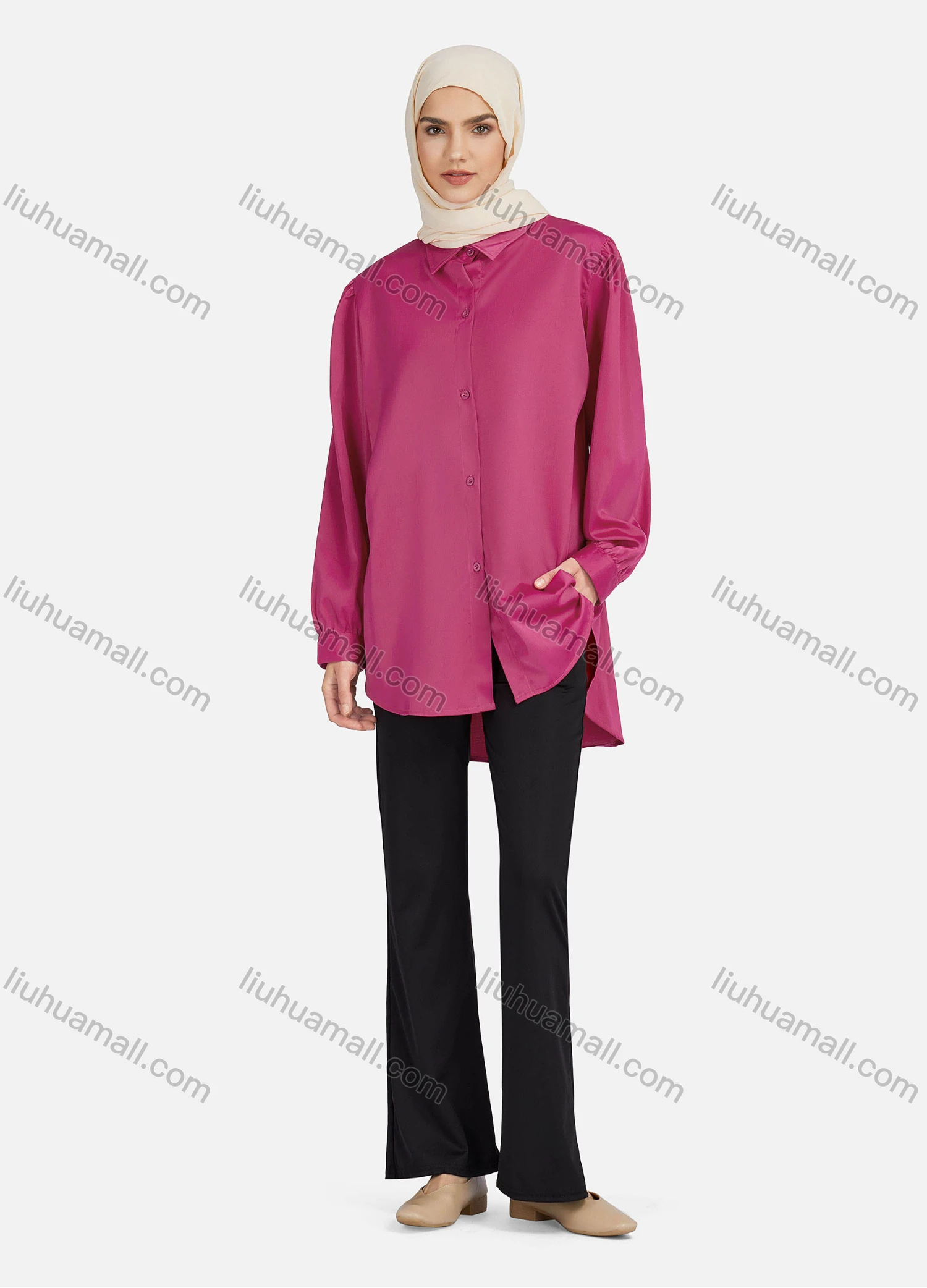 Wholesale Women's Casual Plain Long Sleeve Curved Hem Shirts 1370# - Liuhuamall
