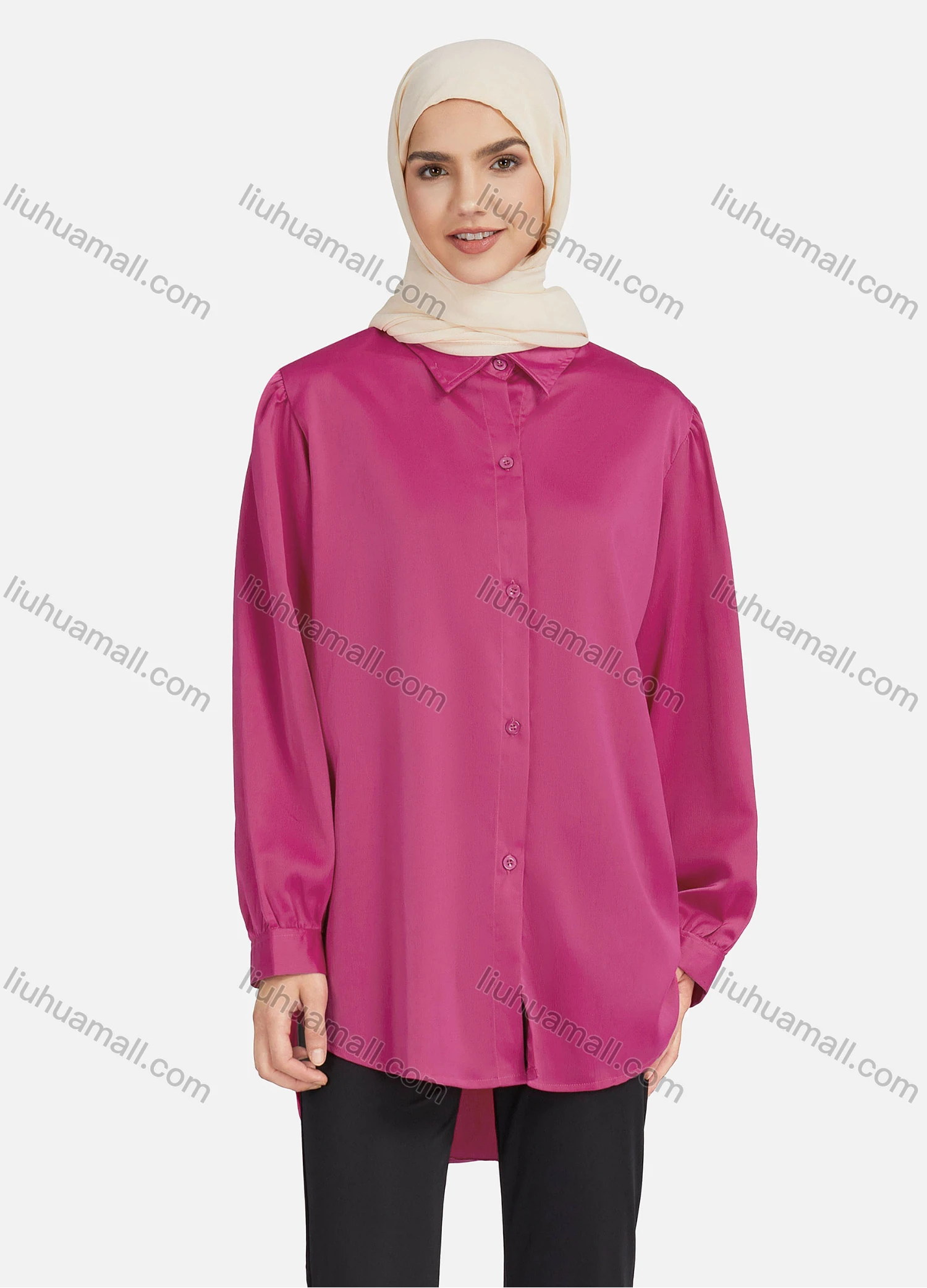 Wholesale Women's Casual Plain Long Sleeve Curved Hem Shirts 1370# - Liuhuamall