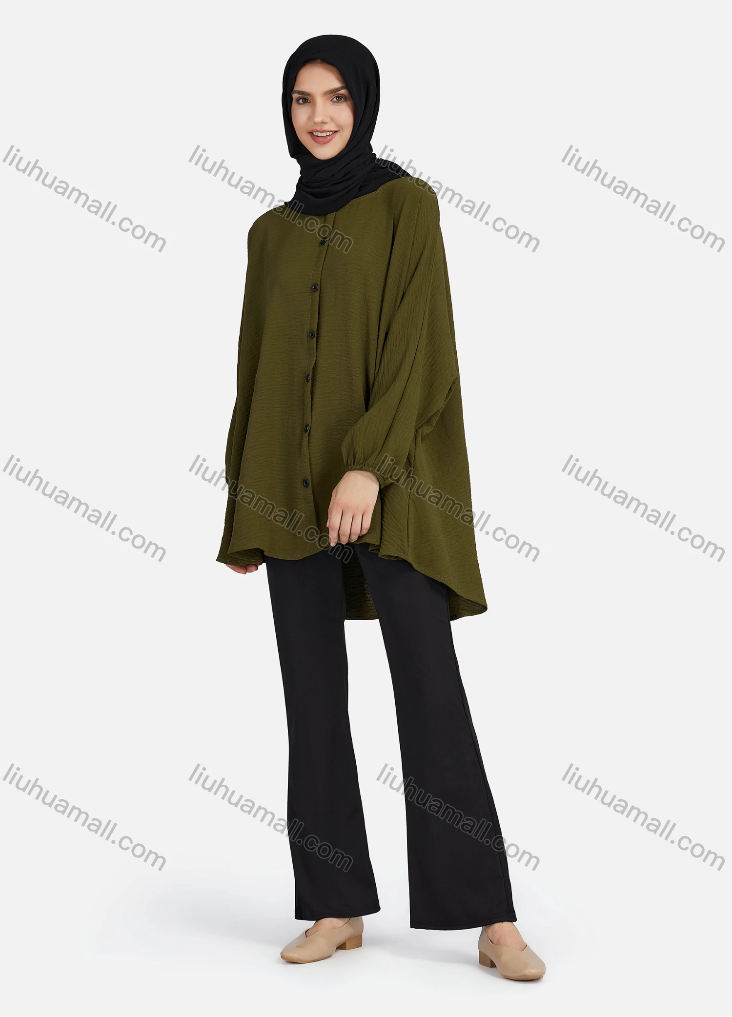 Wholesale Women's Casual Plain Ruched Buttons Down Long Sleeve Blouse 1371# - Liuhuamall
