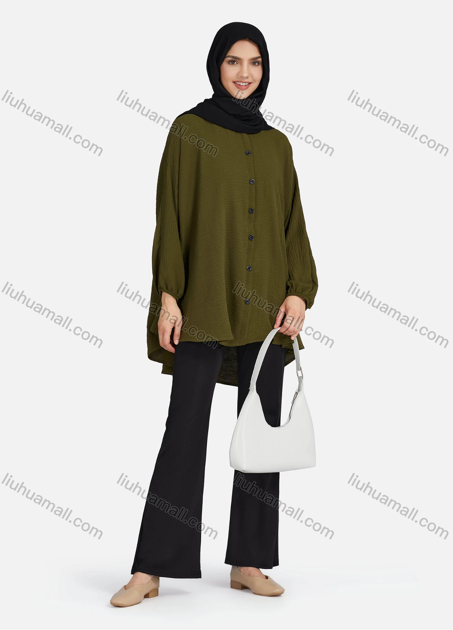 Wholesale Women's Casual Plain Ruched Buttons Down Long Sleeve Blouse 1371# - Liuhuamall