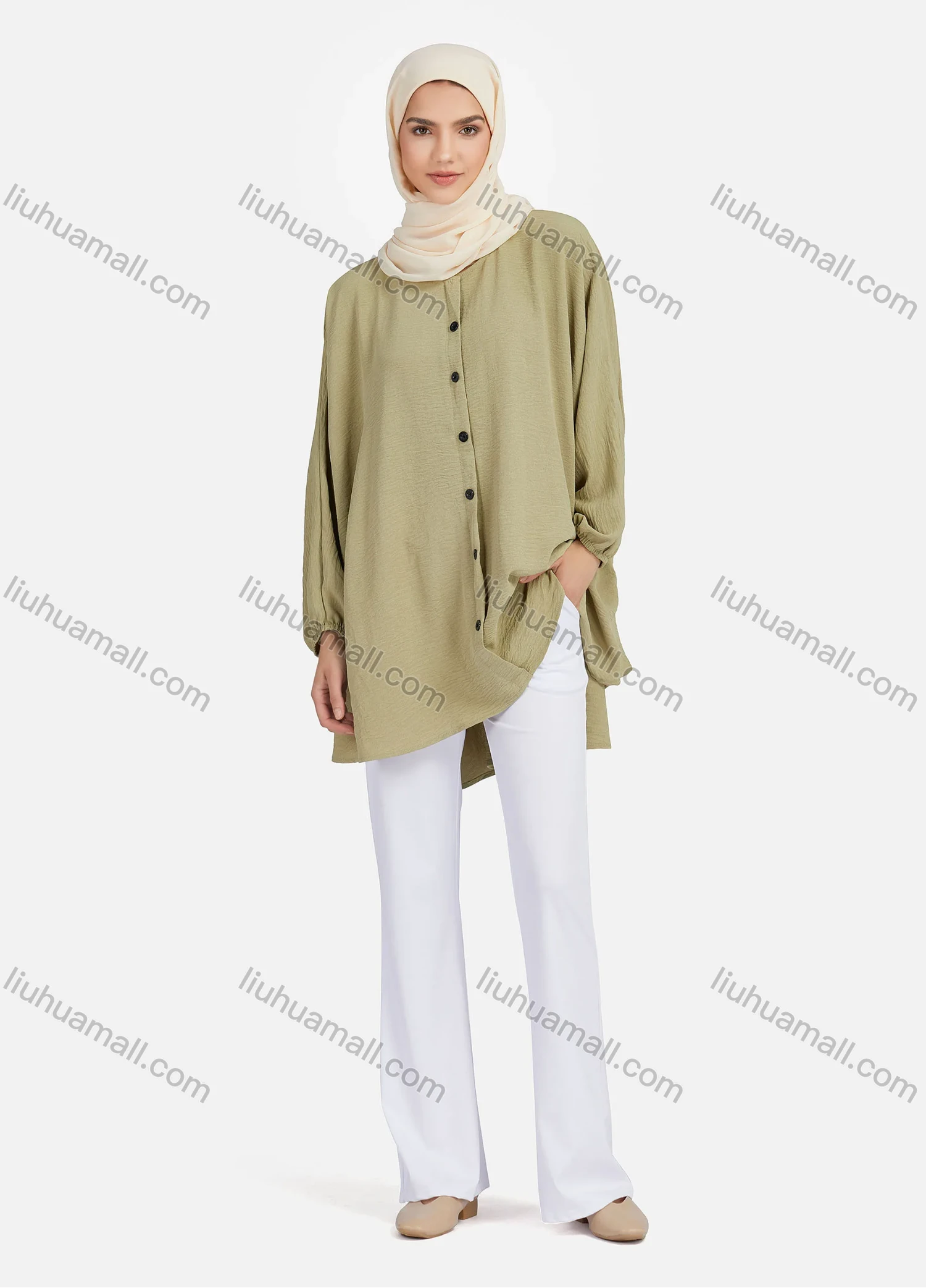 Wholesale Women's Casual Plain Ruched Buttons Down Long Sleeve Blouse 1371# - Liuhuamall